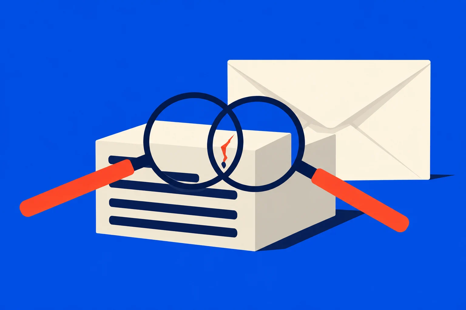Two overlapping magnifying glasses with orange handles inspect a cream document with dark lines, with a large envelope behind it against a blue background.