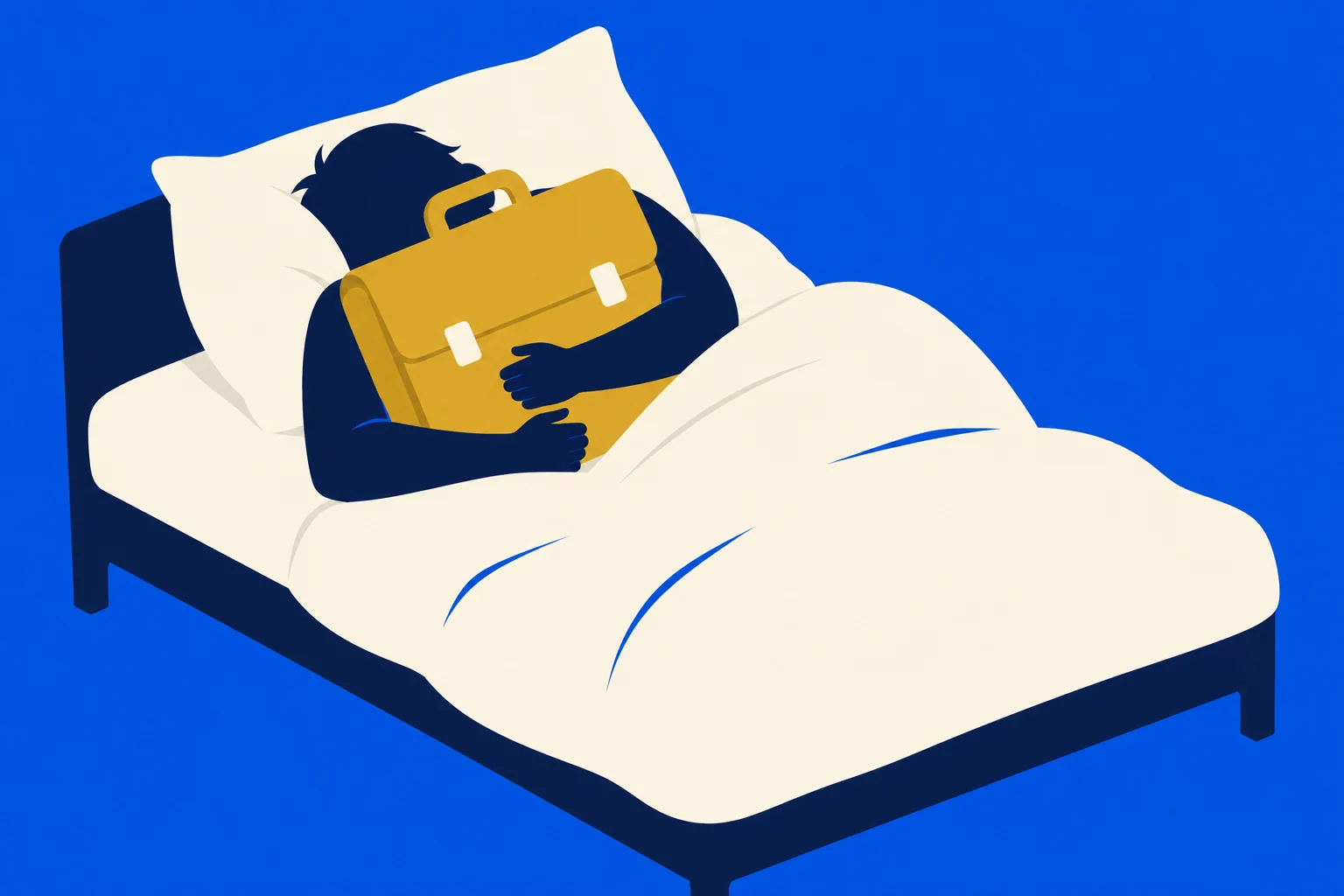 A person lies in bed under a cream blanket, hugging a yellow briefcase against a bright blue background.