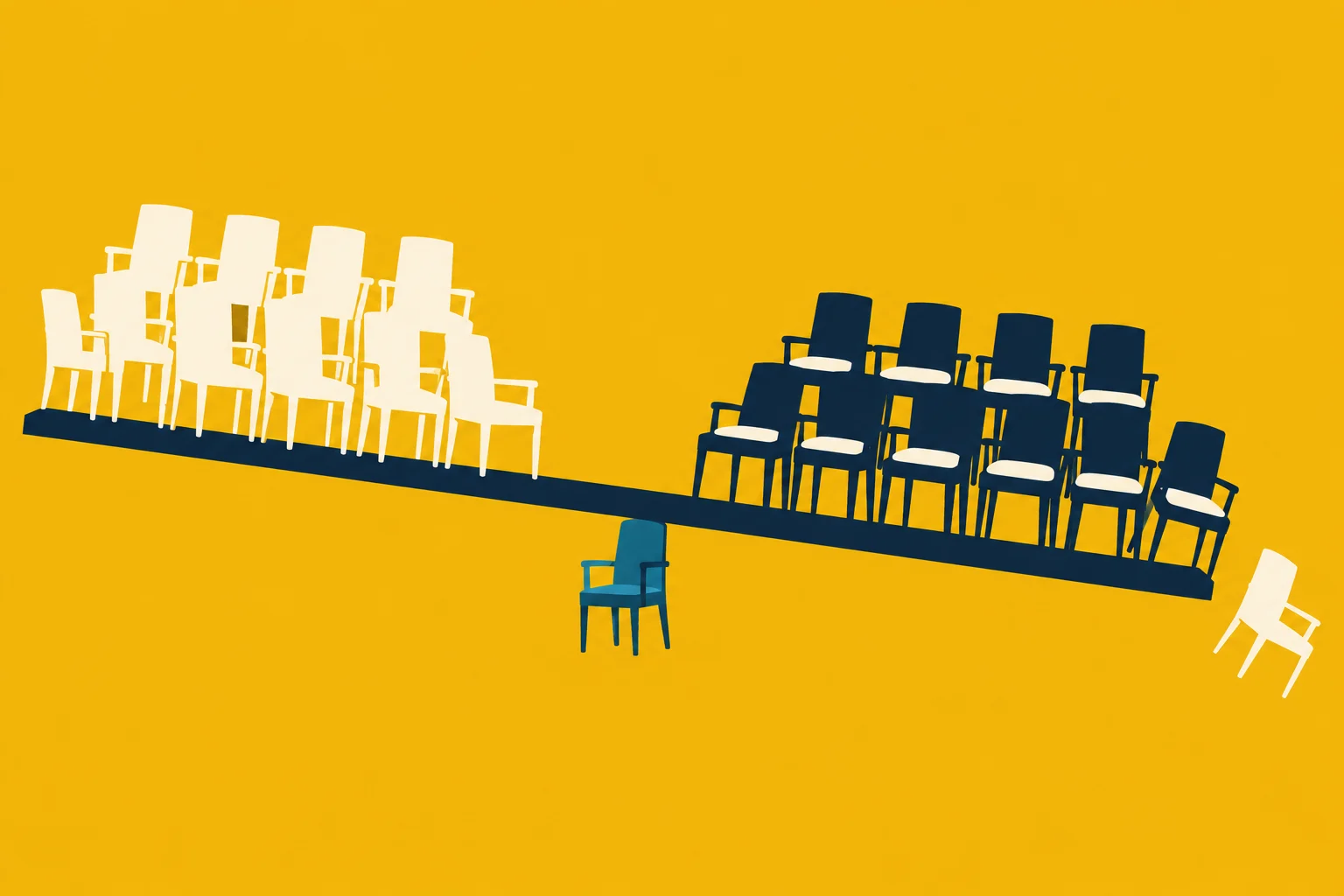 A tilted navy balance beam holds cream chairs on the left and navy chairs on the right, with two separate chairs below against a yellow background.
