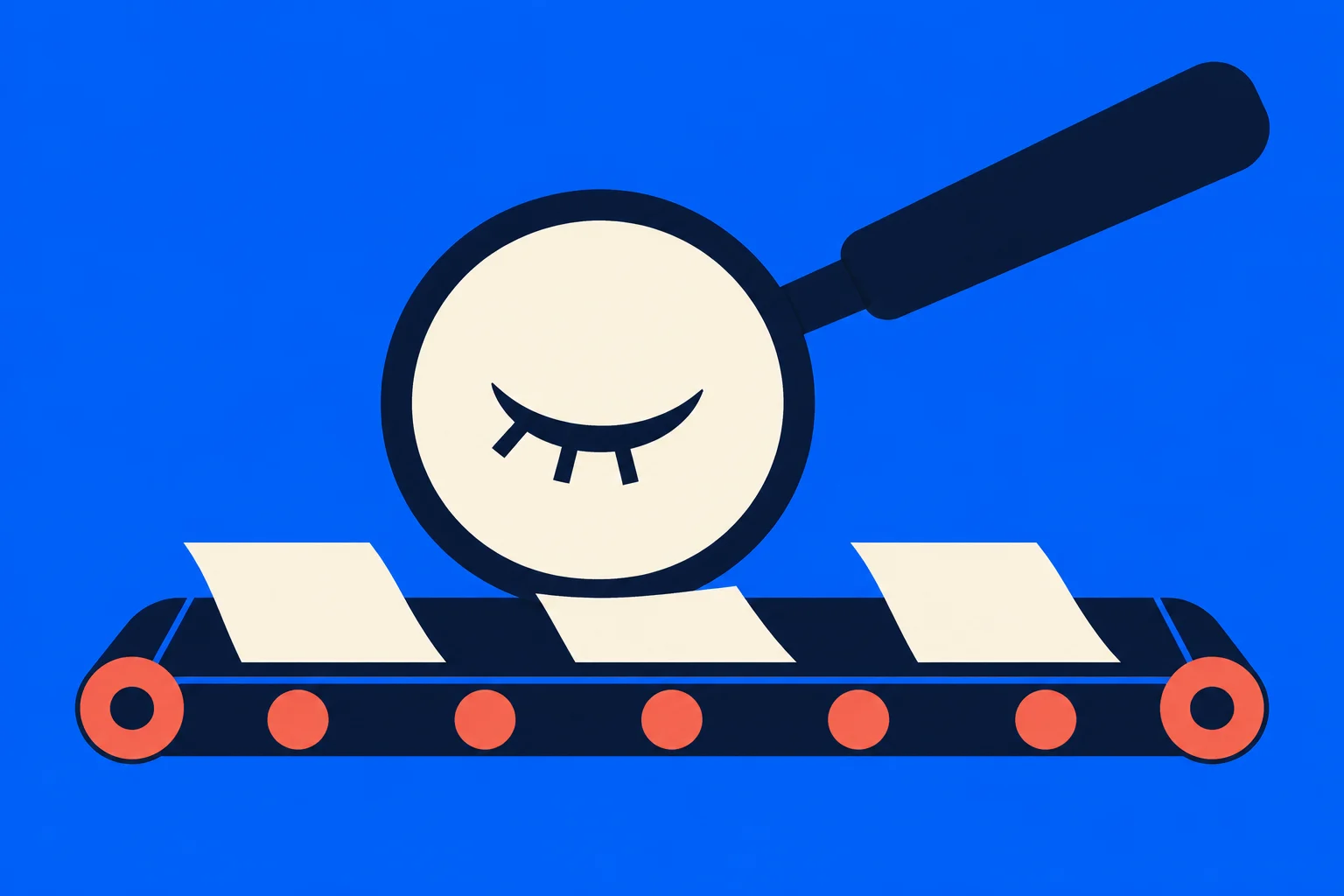 A magnifying glass with a closed eye inside hovers over a conveyor belt carrying cream-colored sheets against a bright blue background.