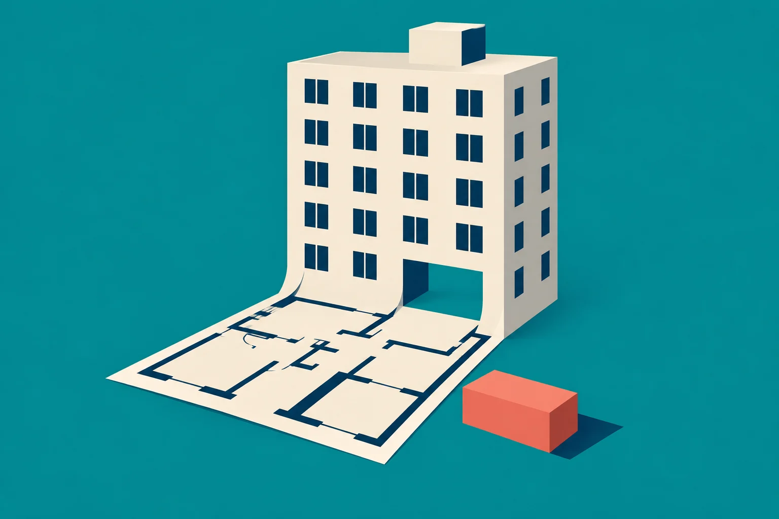 A cream-colored building curves into an unfolded architectural floor plan on a teal background, with a coral rectangular block beside it.