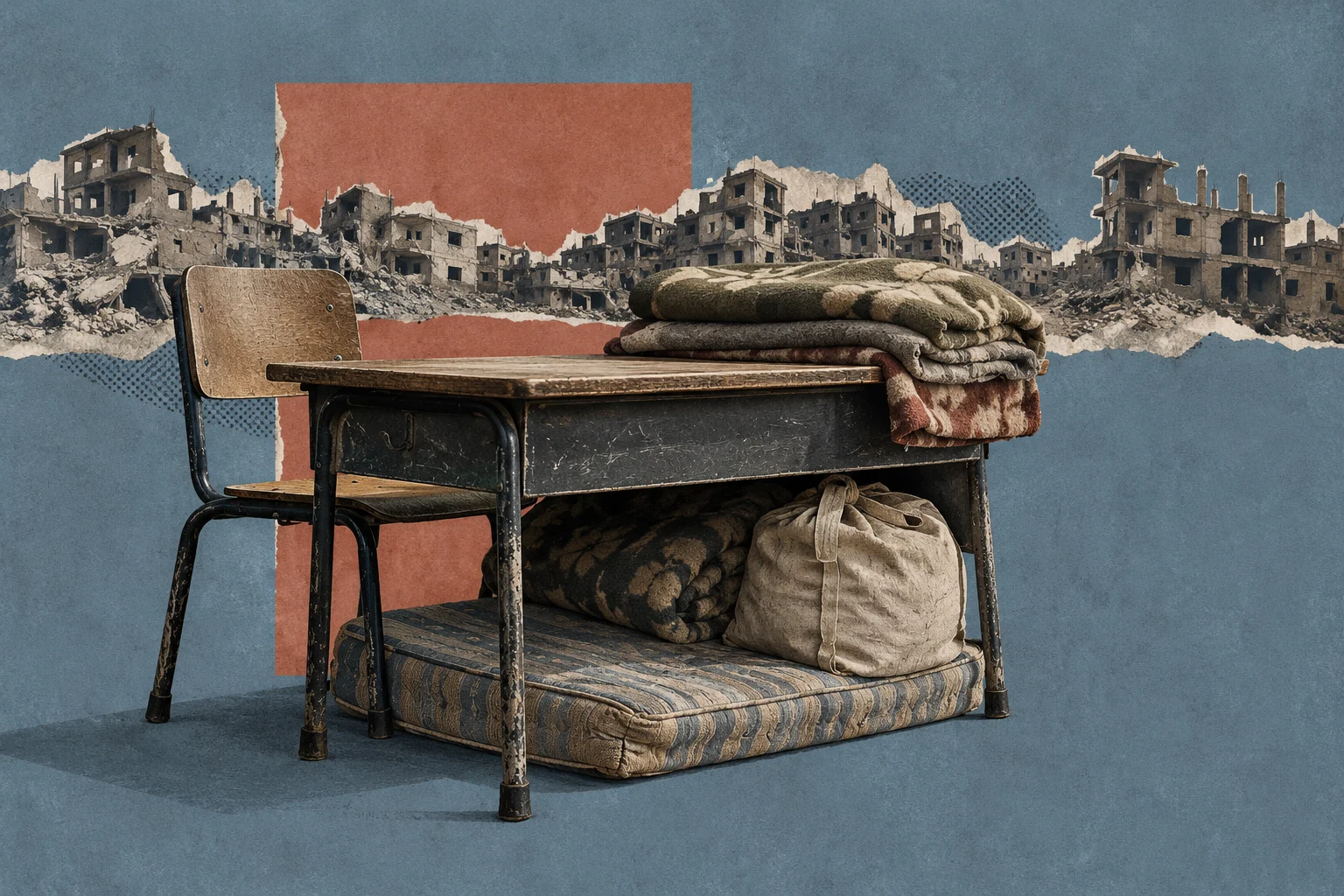 A worn school desk and chair hold blankets above a mattress and canvas bag, against a textured collage of ruined buildings.