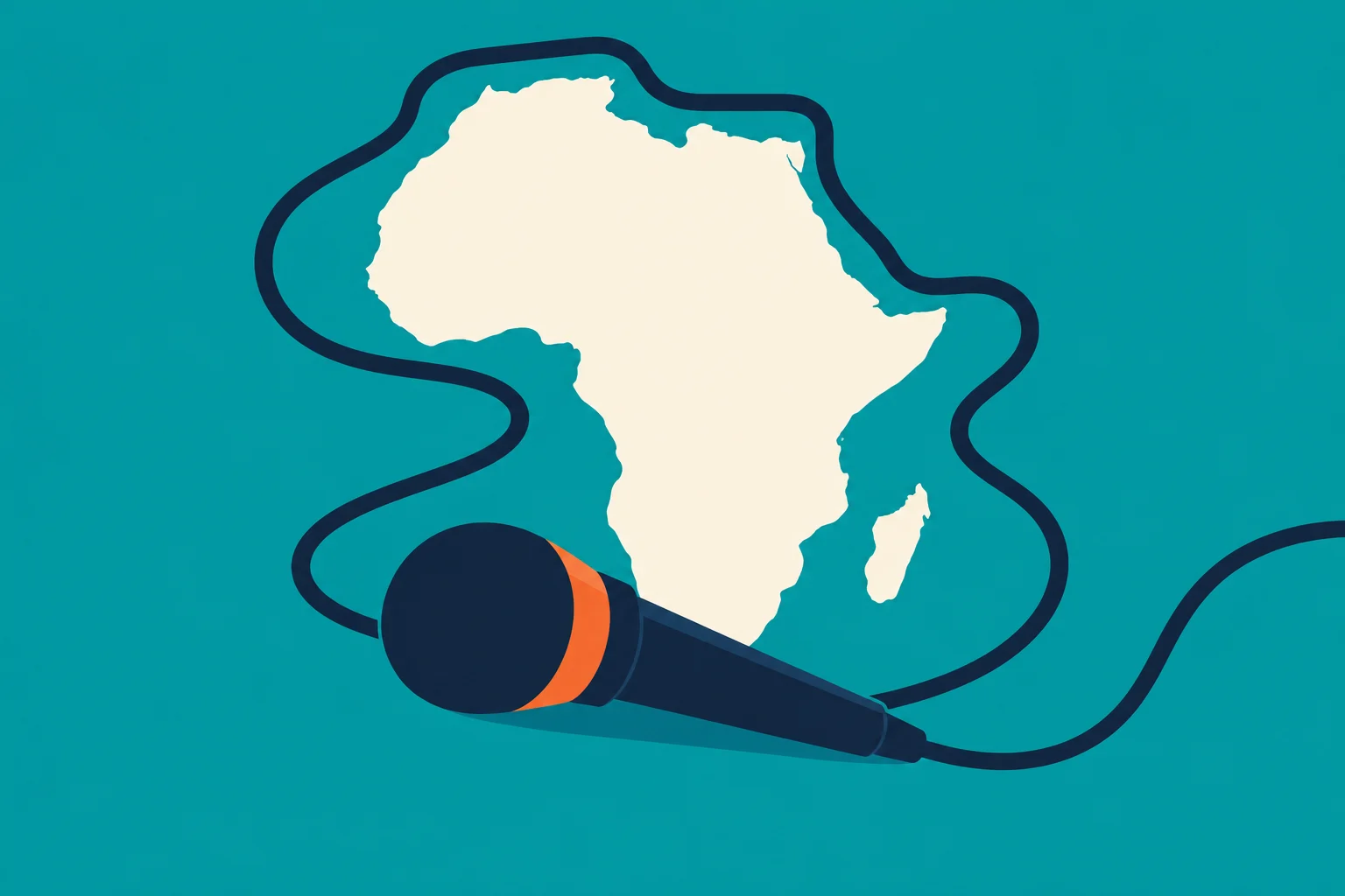 A microphone with an orange band lies in front of a cream silhouette of Africa, with its dark cable looping around the continent against a teal background.