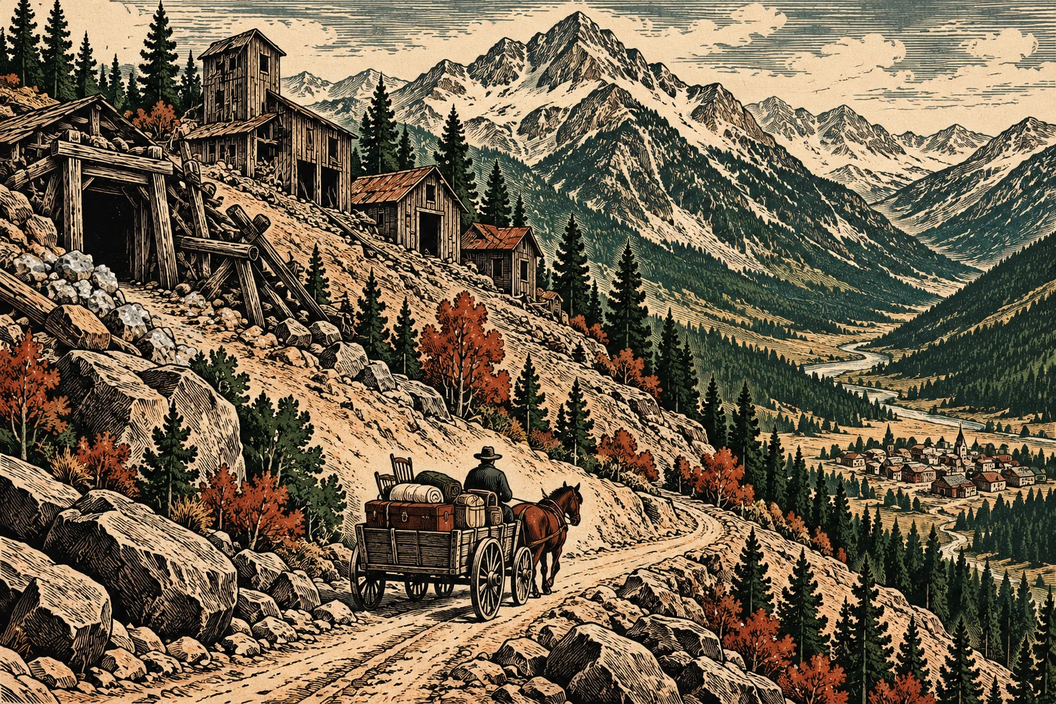 A horse-drawn wagon travels along a rocky mountain road past old wooden mining buildings, with autumn trees, snowy peaks, and a village in the valley.