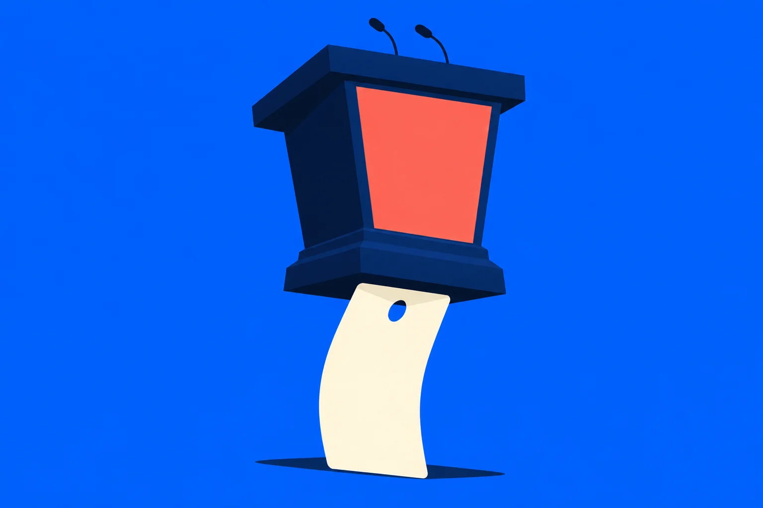 A dark blue lectern with two microphones and a coral front panel balances on a curved cream tag against a bright blue background.