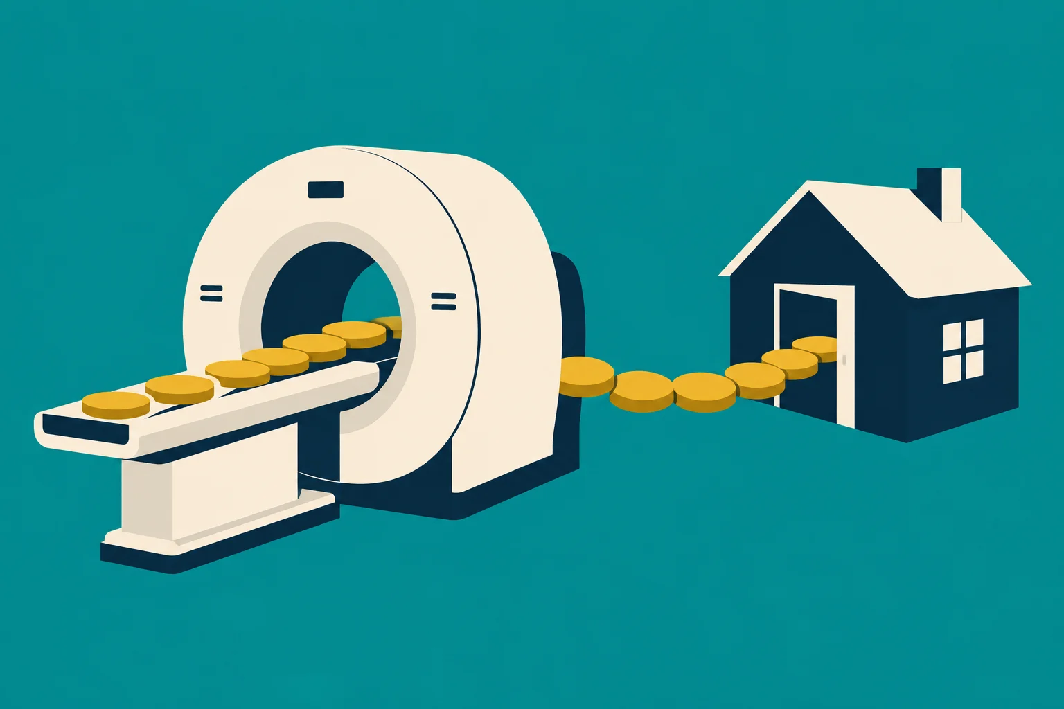 Gold coins pass through a medical scanner toward a small house against a teal background.