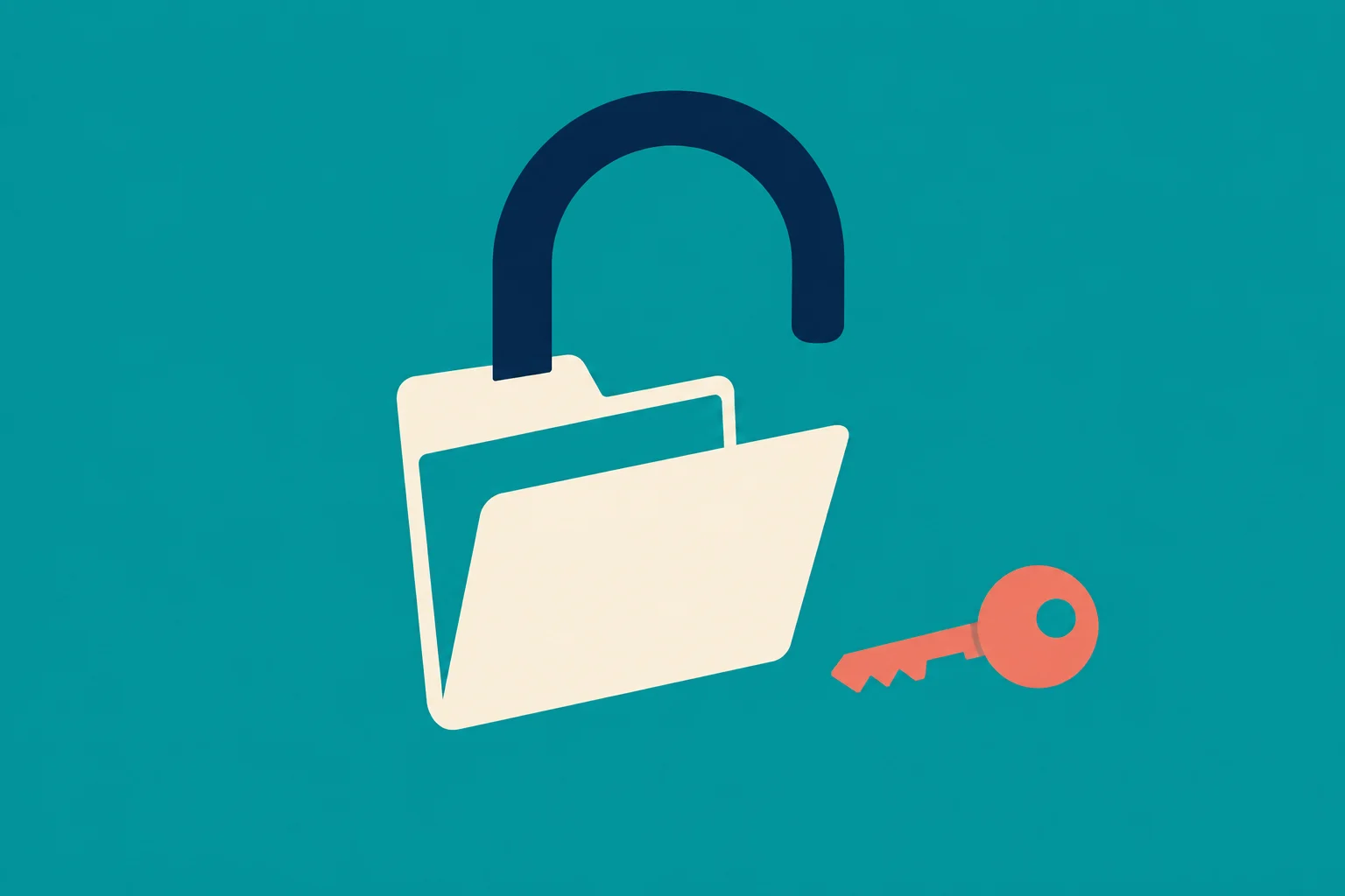 An open cream folder with a dark blue unlocked padlock sits beside a coral key on a teal background.