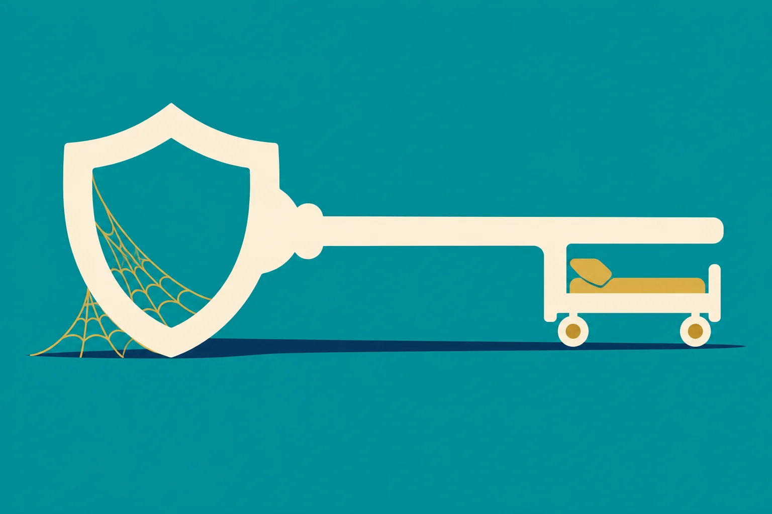 A cream shield with golden cobwebs forms the head of a large key extending over a small golden hospital bed on wheels against a teal background.