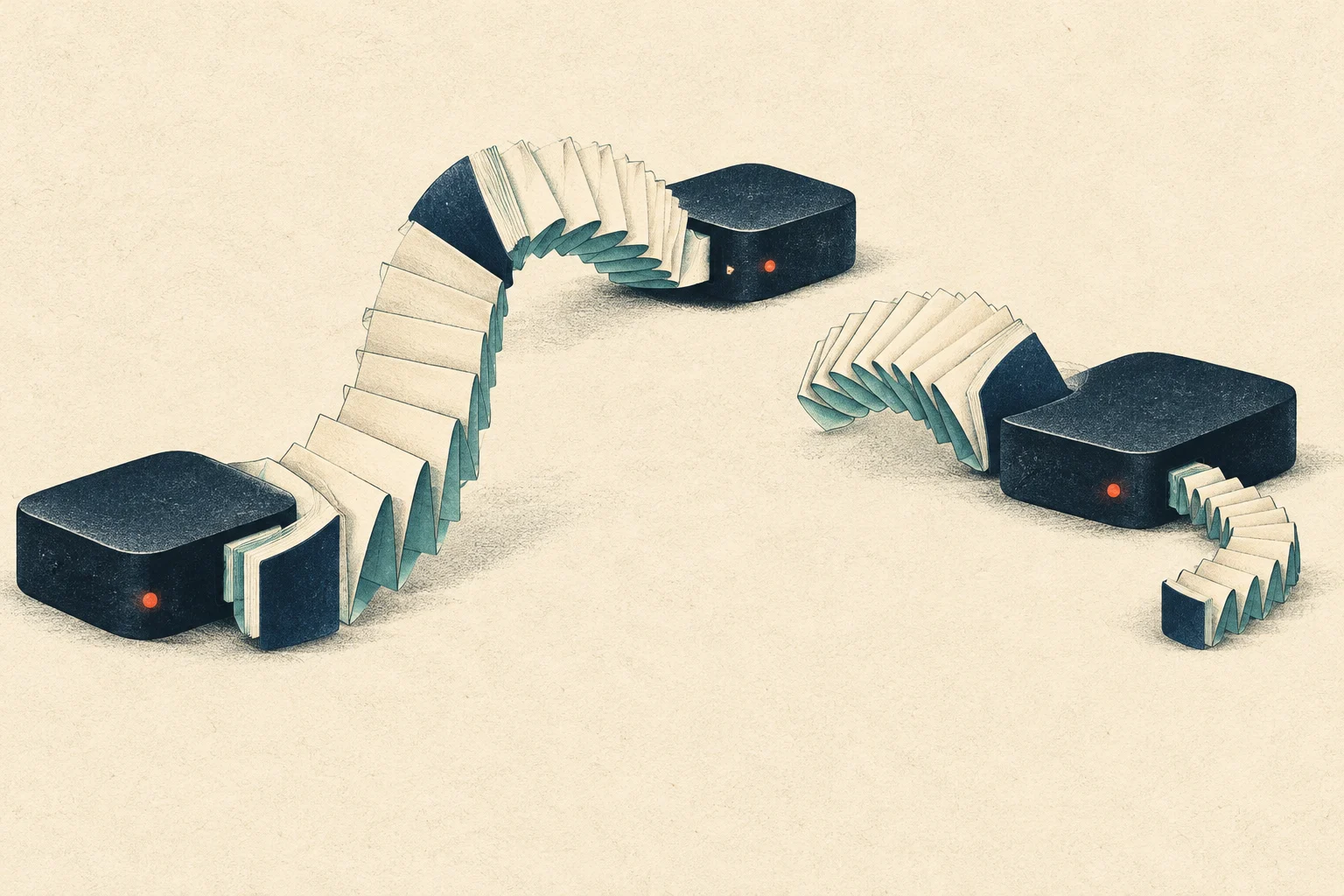 Three dark blue devices with orange indicator lights are connected to or surrounded by winding, accordion-like strips of cream paper on a textured beige background.