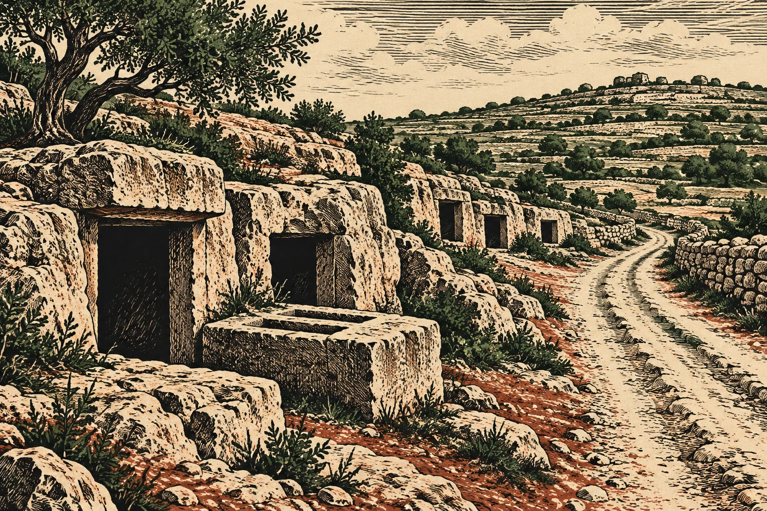 A vintage-style illustration shows ancient stone tombs beside a winding dirt road, with an olive tree, stone walls, and terraced hills.