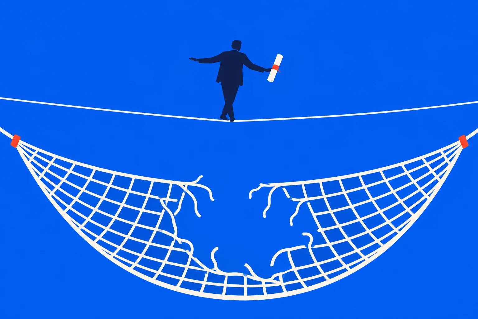 A person holding a rolled diploma balances on a tightrope above a torn safety net against a bright blue background.