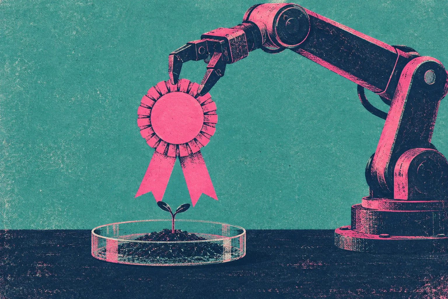 A robotic arm holds a pink award ribbon above a tiny seedling growing in soil inside a petri dish, rendered in textured teal, pink, and navy.