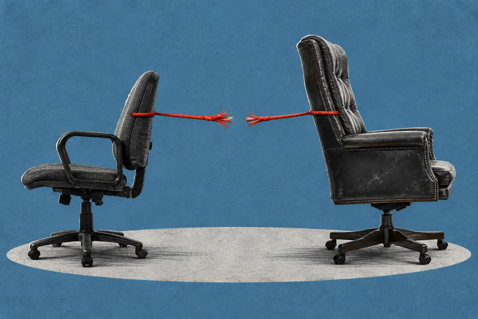 Two office chairs of different sizes face away from each other, with a frayed, broken red rope tied between their backs against a blue background.