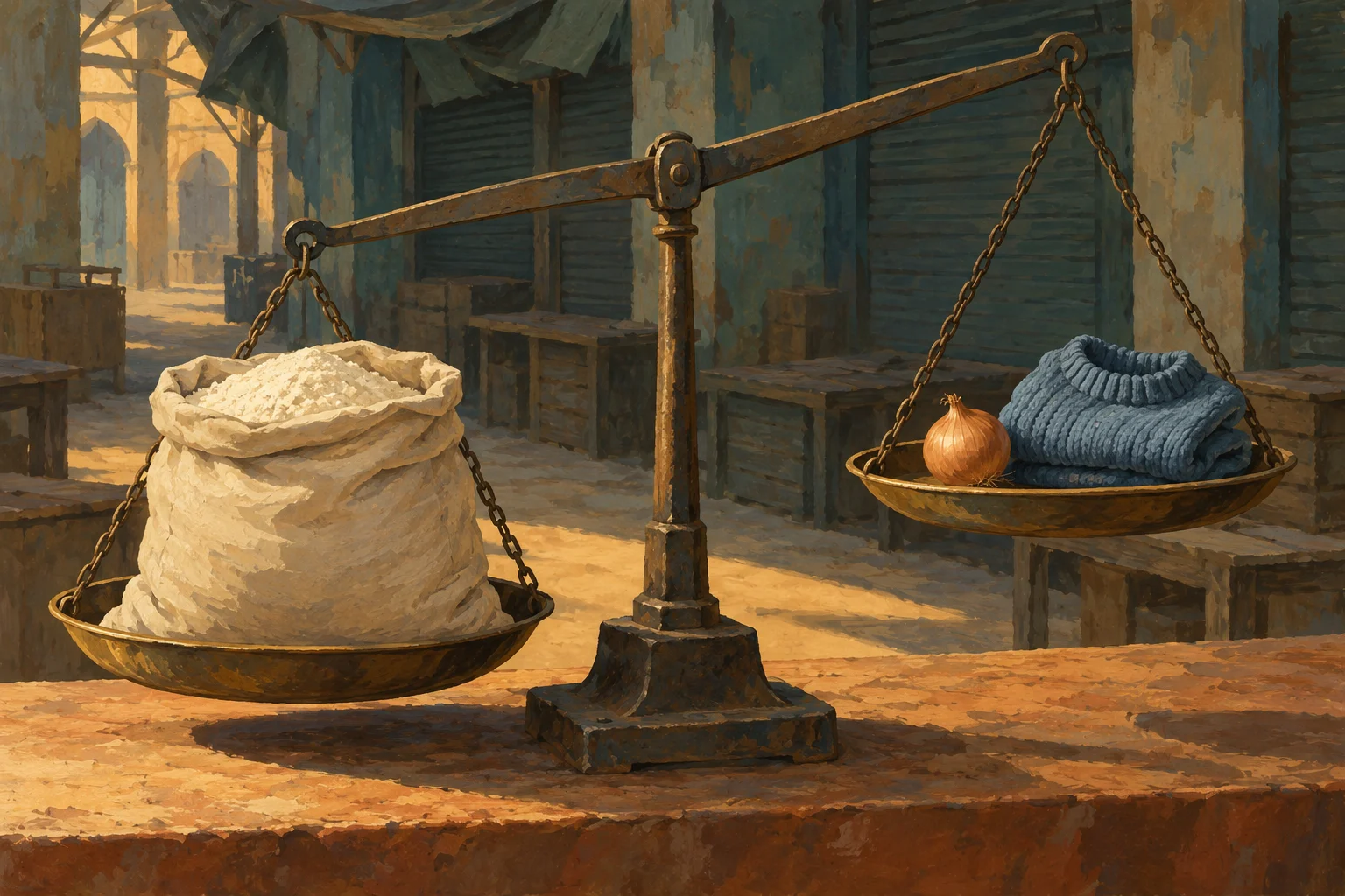 A rustic balance scale holds a large sack of flour on its lower left pan and an onion with folded blue clothing on its higher right pan.