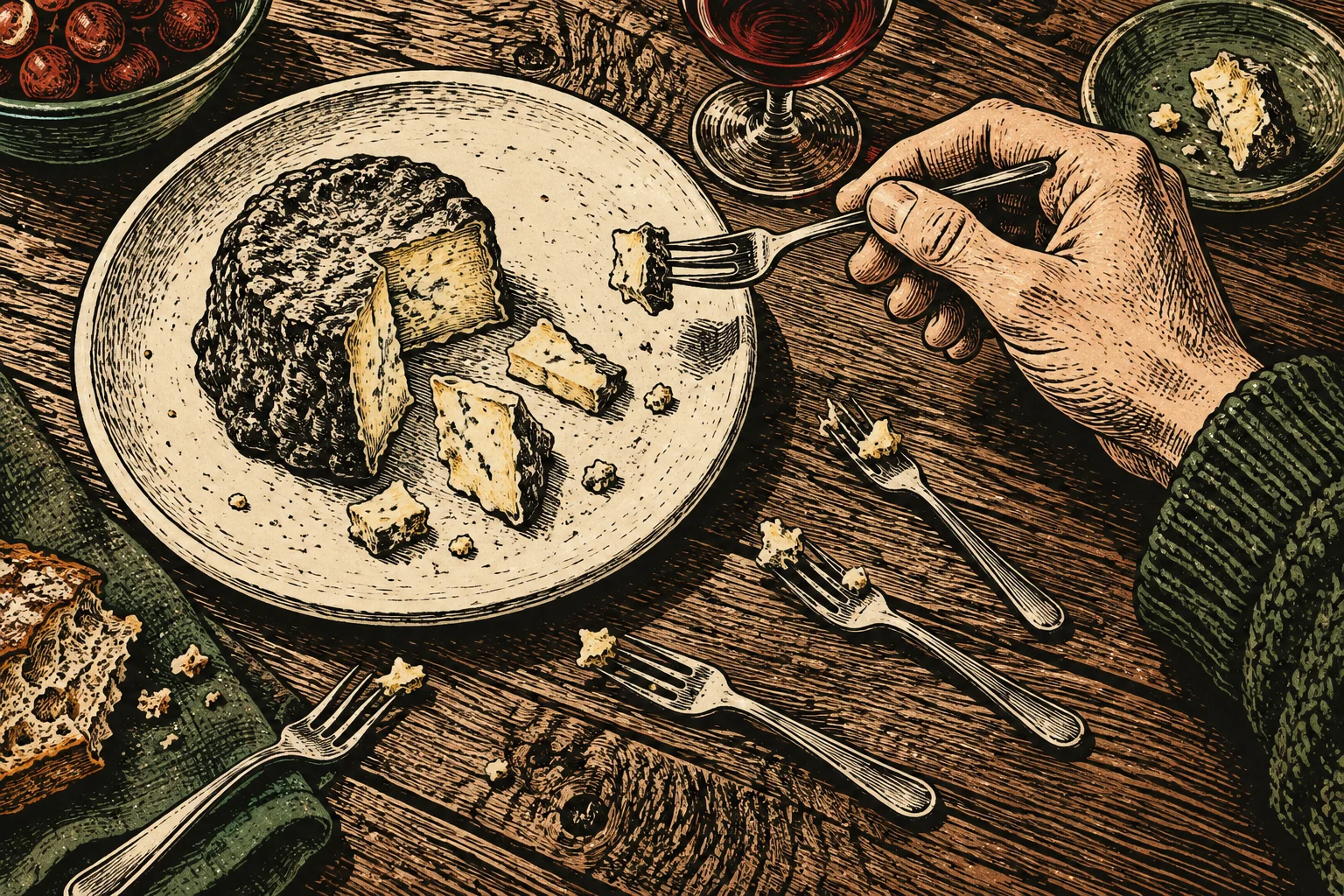 A woodcut-style illustration shows a hand holding a forkful of cheese above a plate of cheese, with other forks, bread, tomatoes, and wine nearby.