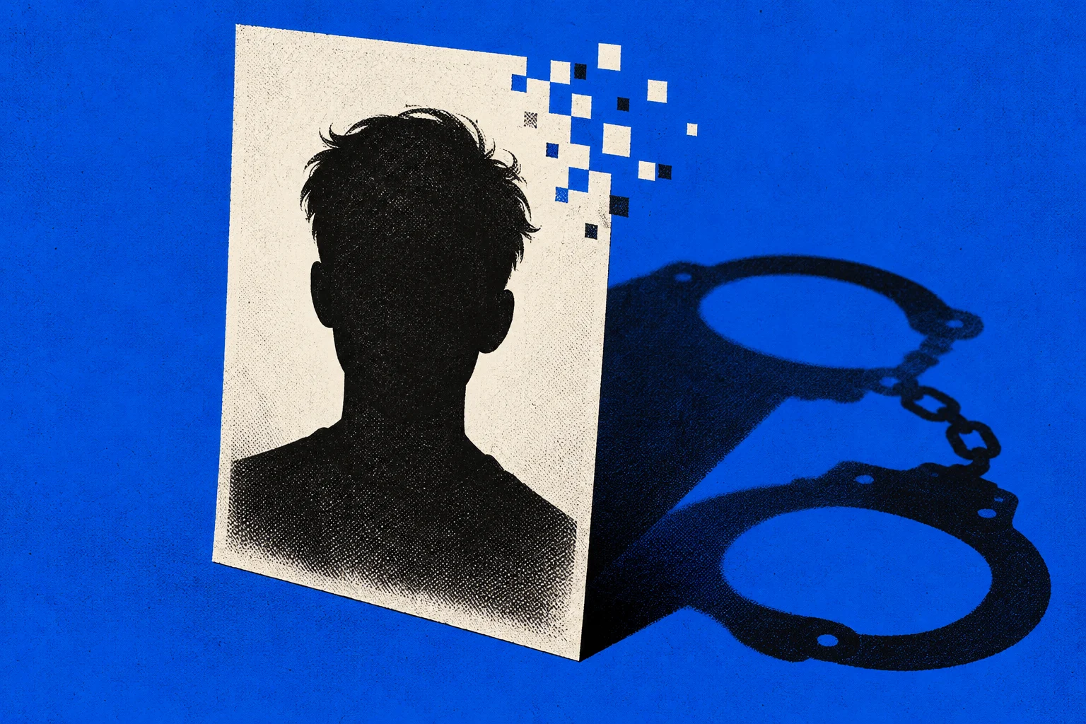 A black silhouette on a cream portrait card dissolves into pixels, casting a handcuff-shaped shadow across a textured blue background.