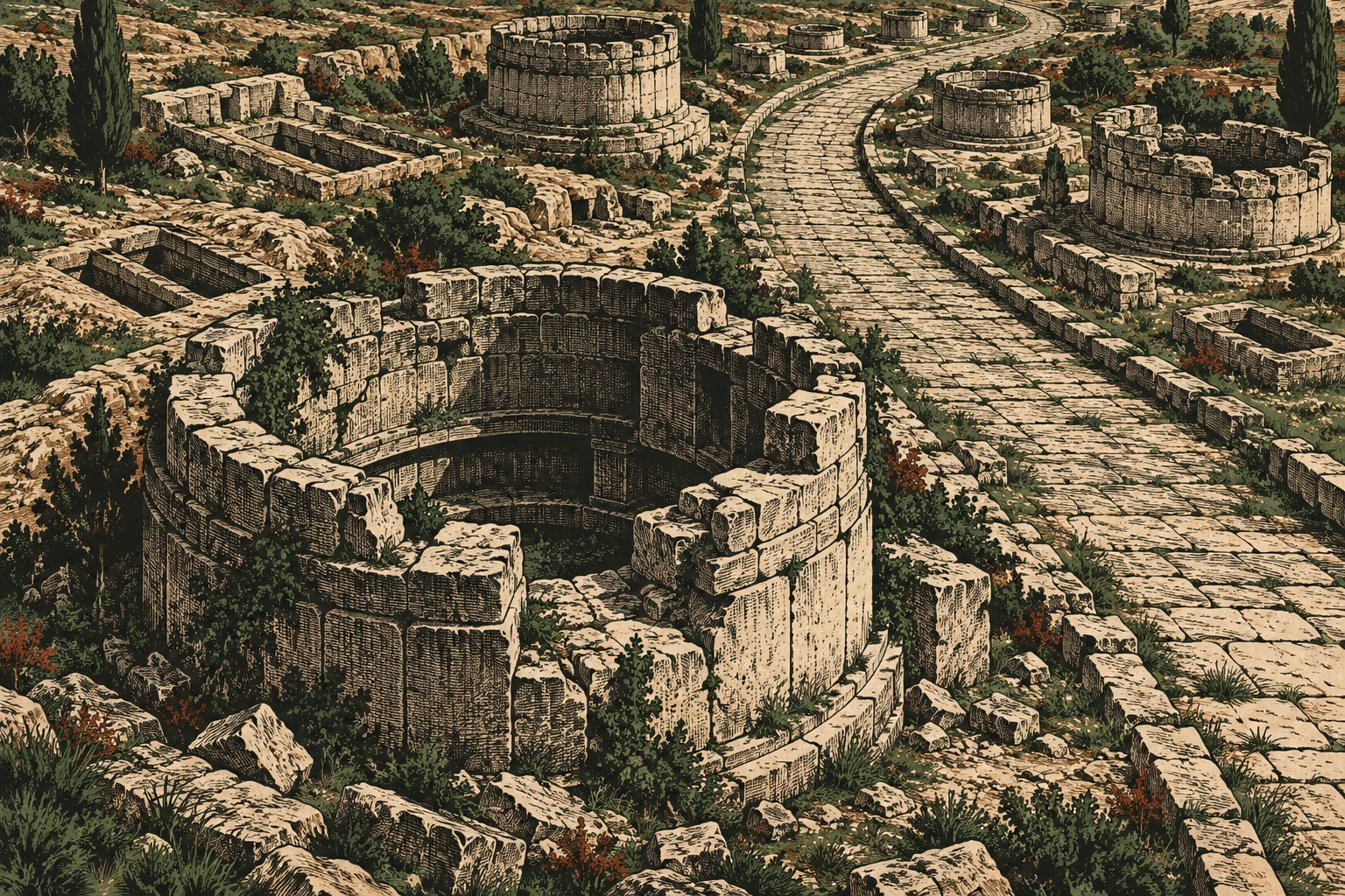 Ancient circular stone ruins and rectangular foundations stand among shrubs and cypress trees beside a winding paved stone road.