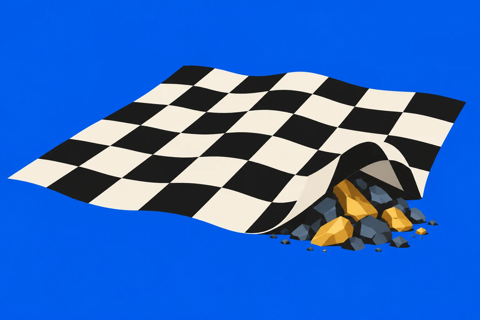 A rippling black-and-white checkered sheet lifts at one corner to reveal a pile of gold and dark rocks against a bright blue background.