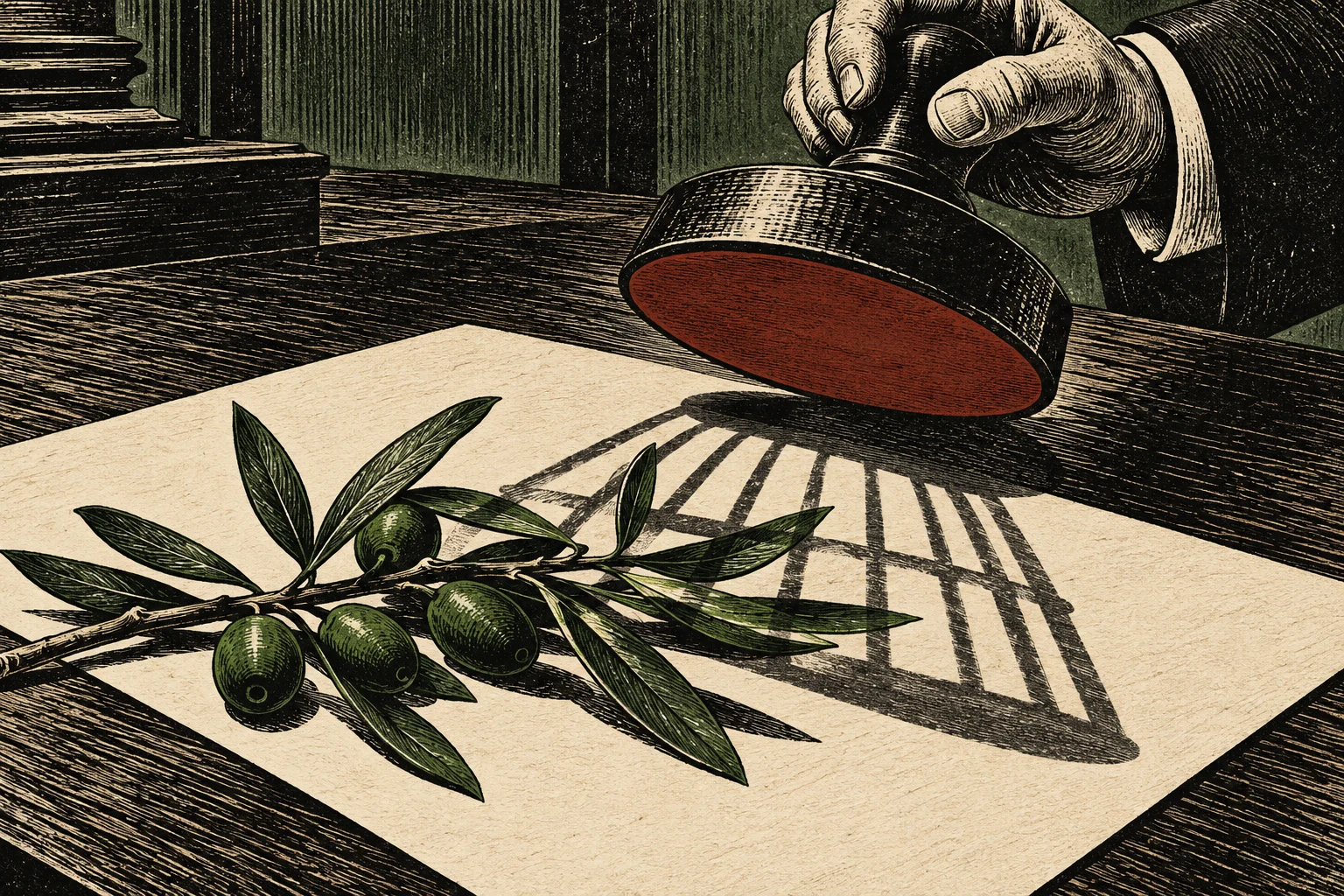 A hand holds a large rubber stamp above paper, where an olive branch lies beside a stamped silhouette of prison bars.