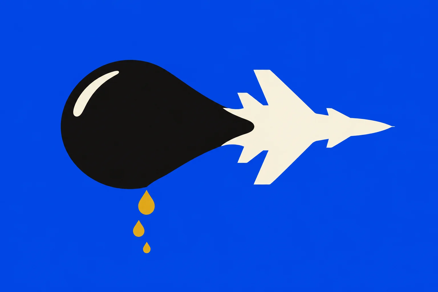 A cream airplane silhouette overlaps a large black oil drop with a cream highlight, while three golden droplets fall beneath it against a bright blue background.