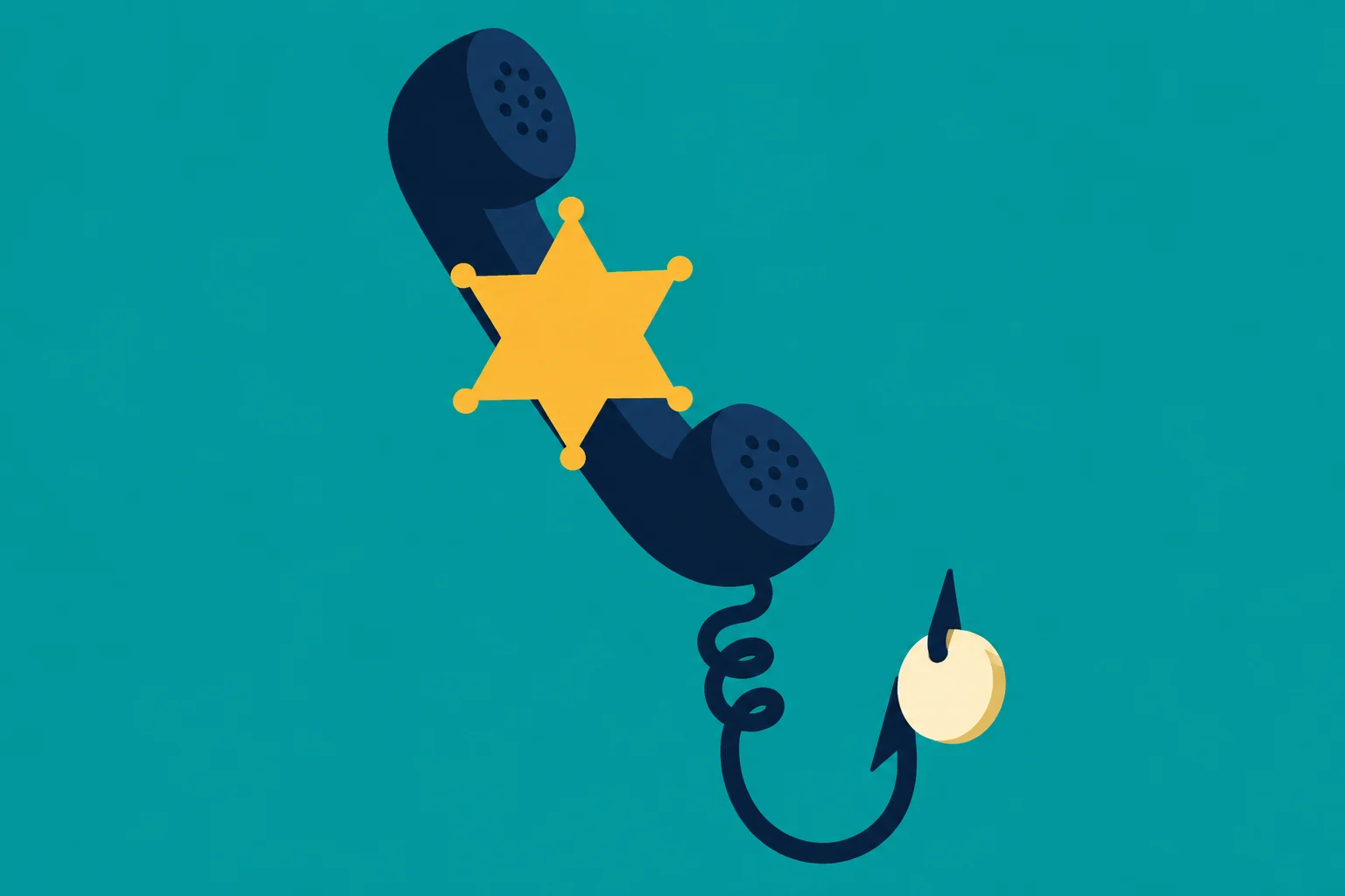 A dark blue telephone receiver with a gold sheriff’s badge connects to a curved fishhook holding gold bait against a teal background.