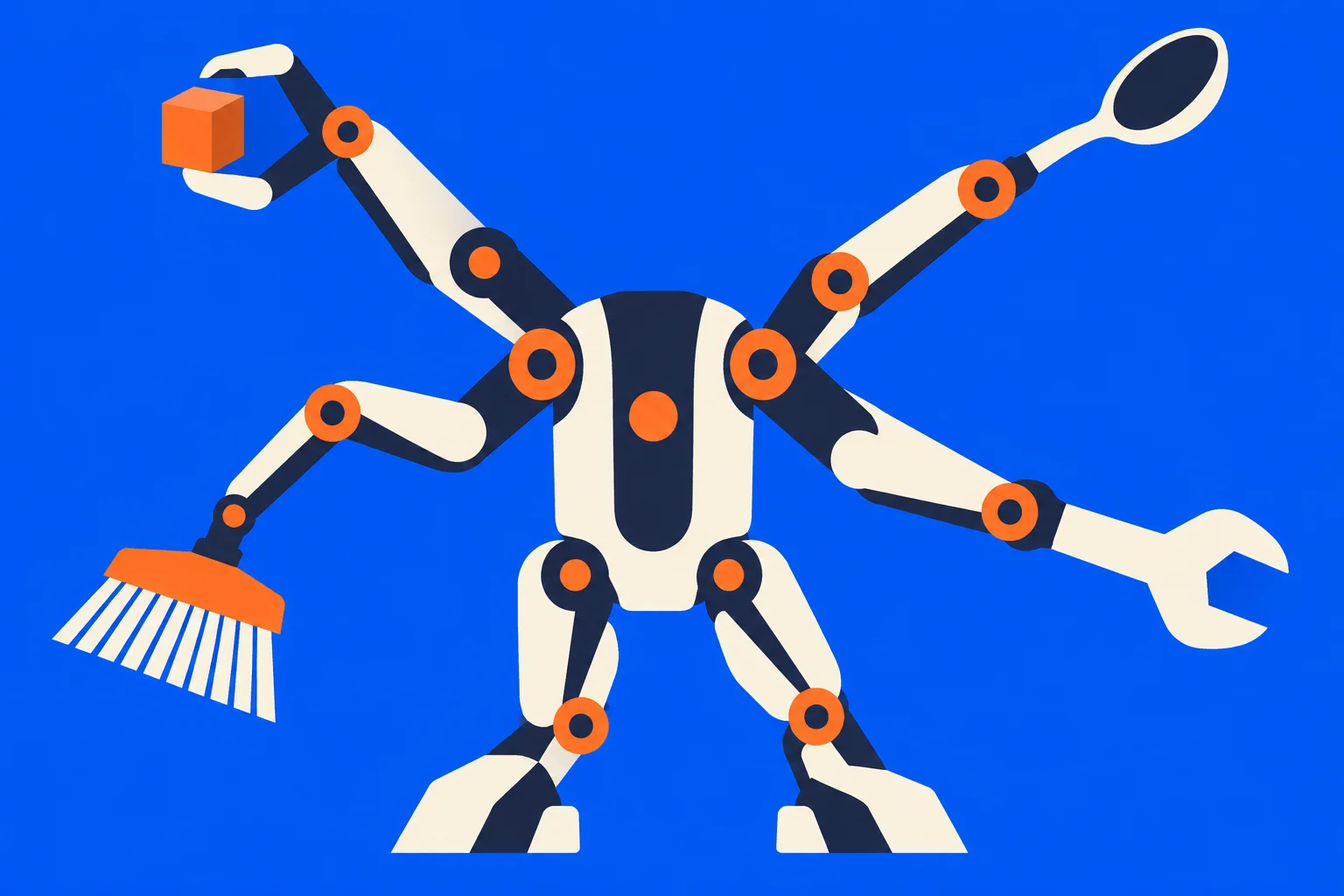 A cream and navy robot with orange joints uses four arms to hold a cube, spoon, broom, and wrench against a bright blue background.