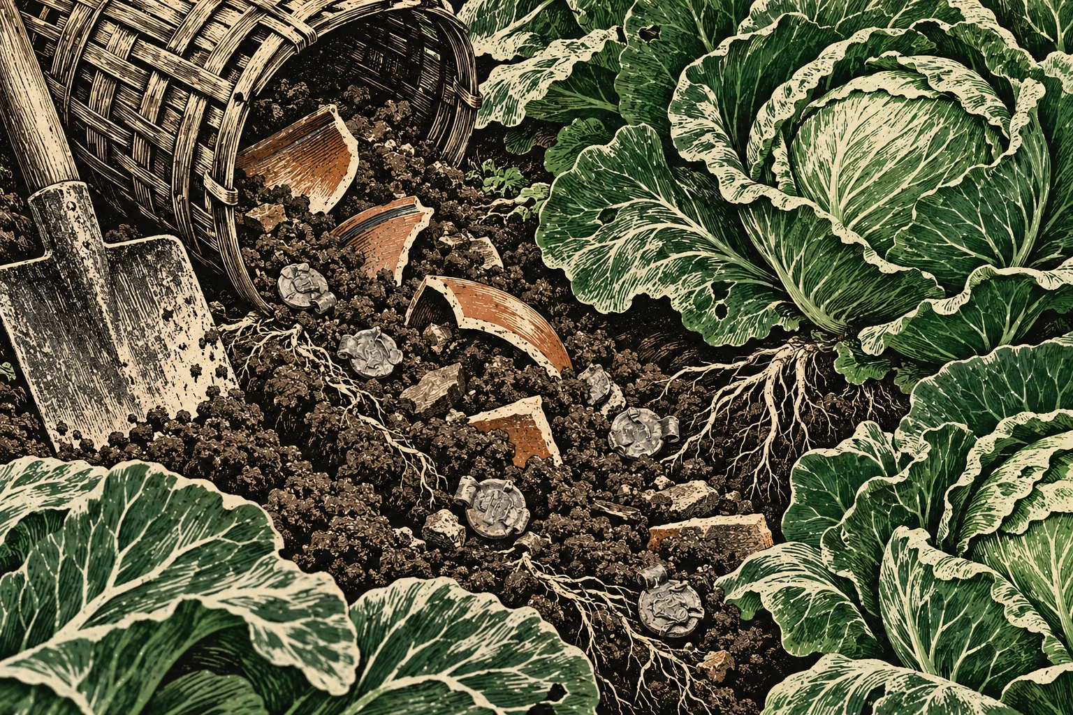 A woodcut-style garden scene shows leafy cabbages, exposed roots, scattered coins, broken terracotta pots, a tipped wicker basket, and a shovel in dark soil.