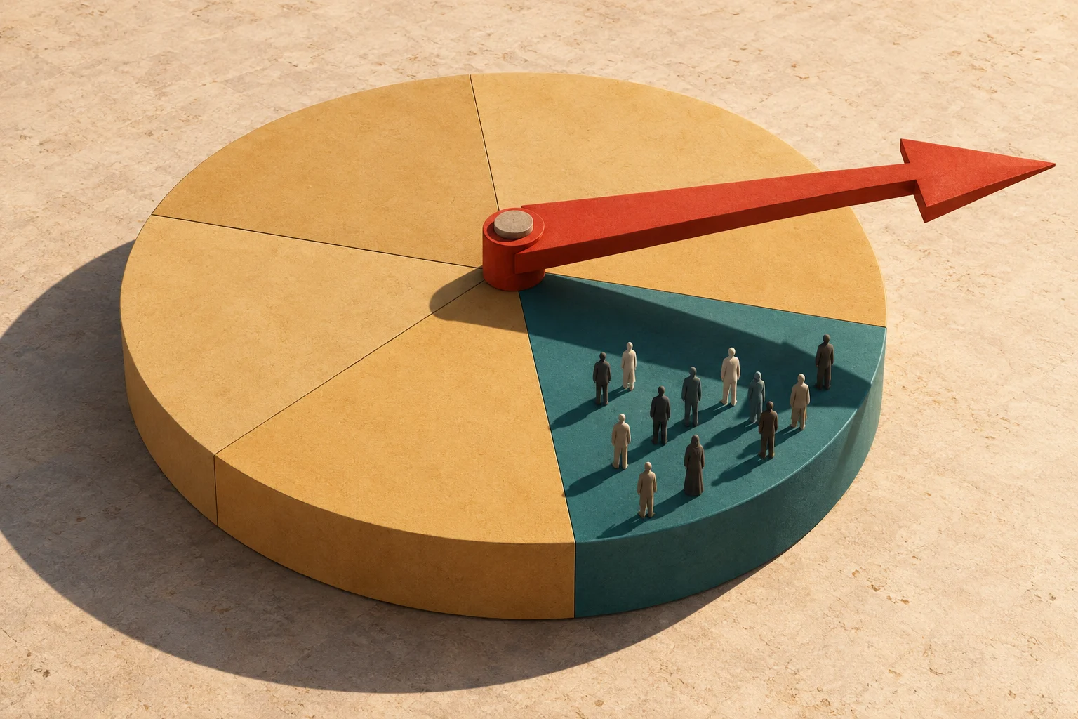 A red arrow points right from the center of a gold pie chart, with small human figures standing on one teal segment.