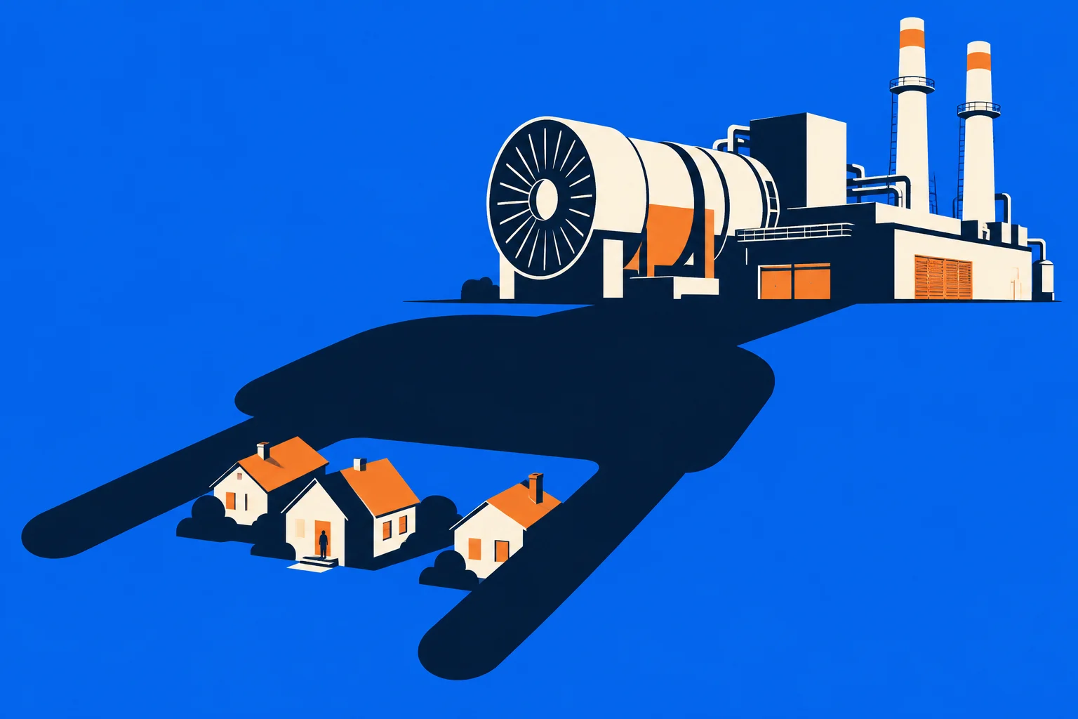 A factory with large machinery and two smokestacks casts a giant human-shaped shadow over small houses against a bright blue background.