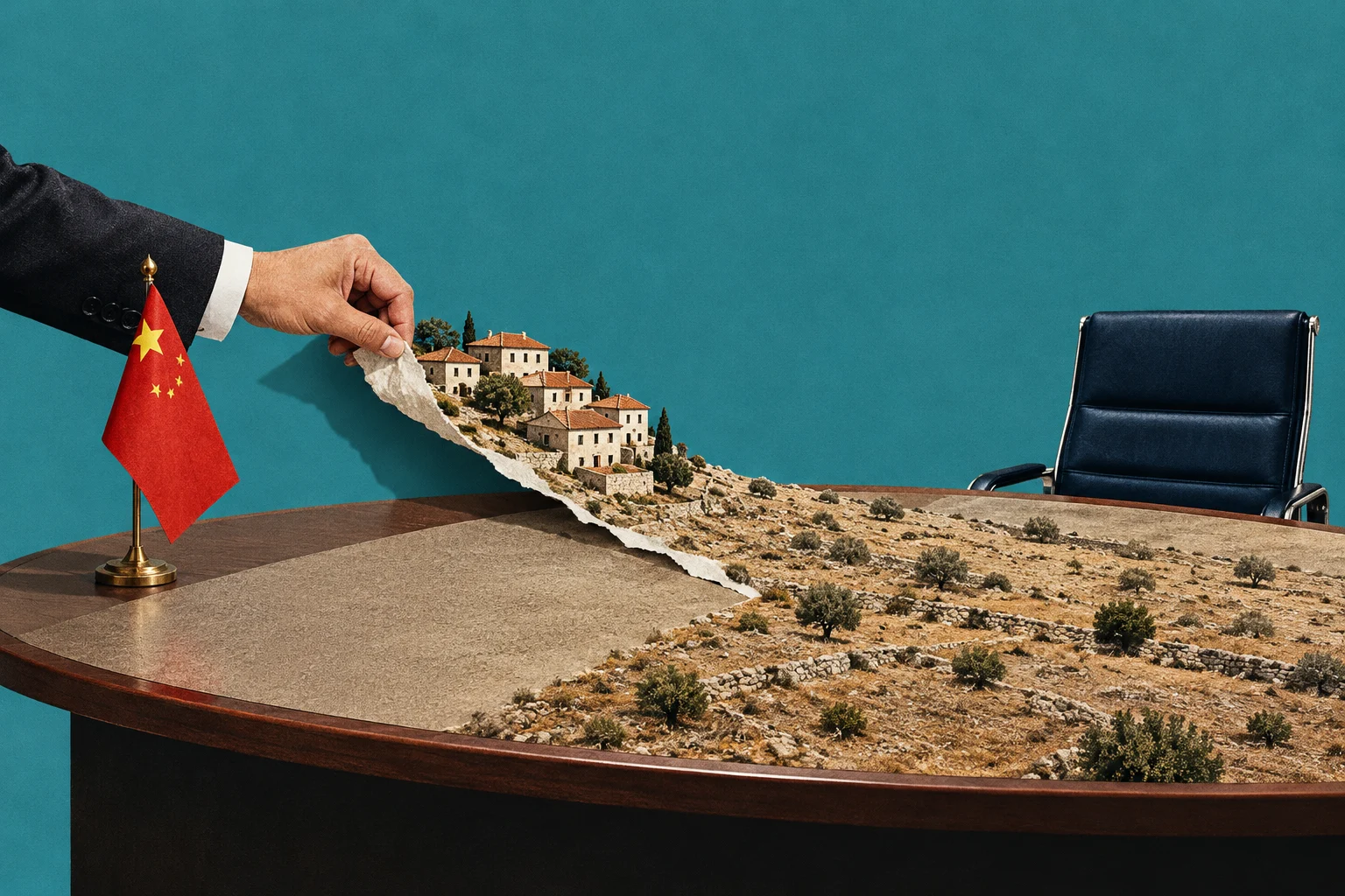 A suited hand peels a miniature rural landscape from a conference table beside a Chinese flag, with an empty office chair opposite.