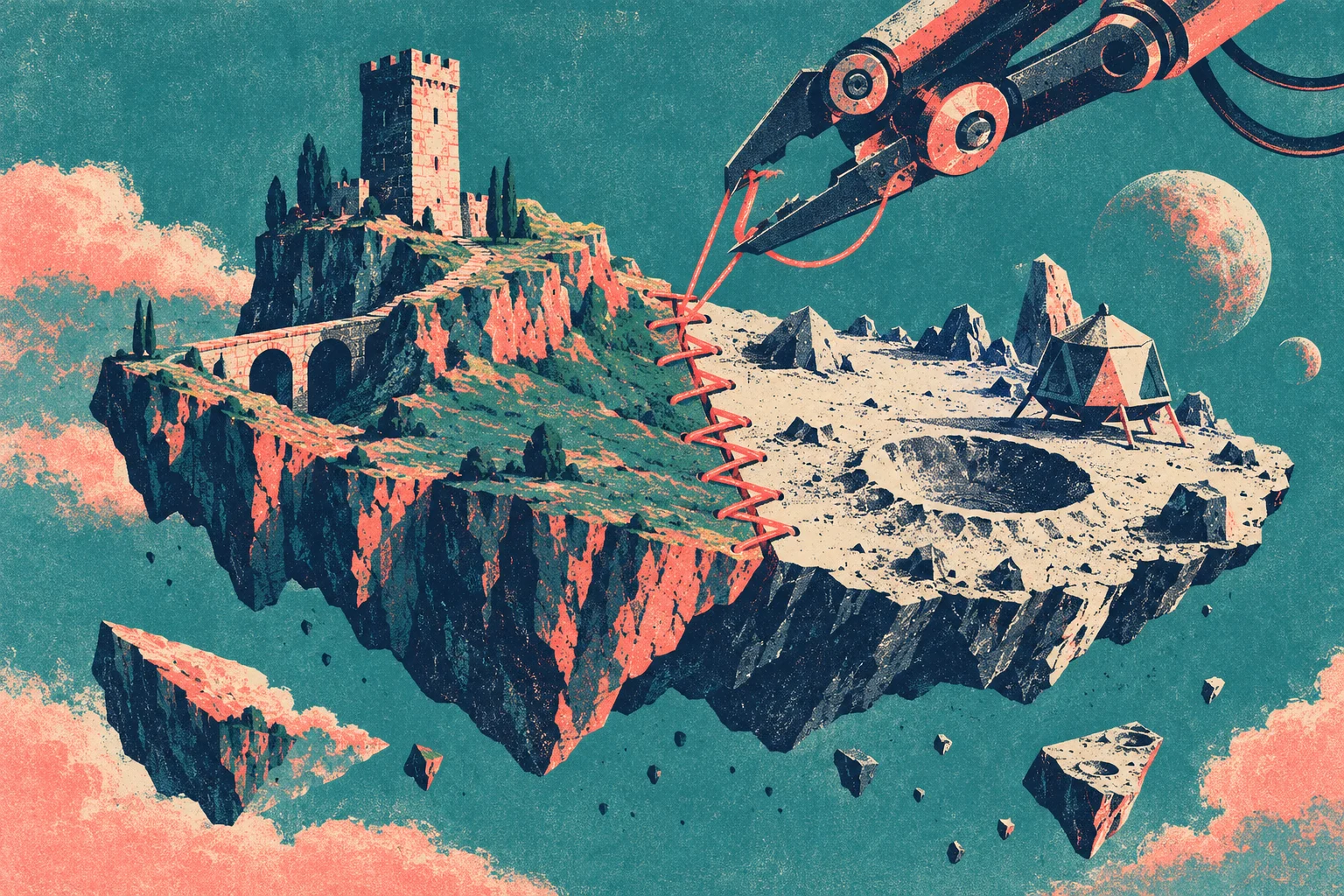 A robotic arm stitches together a floating medieval landscape with a castle and bridge and a cratered lunar landscape with a lander.