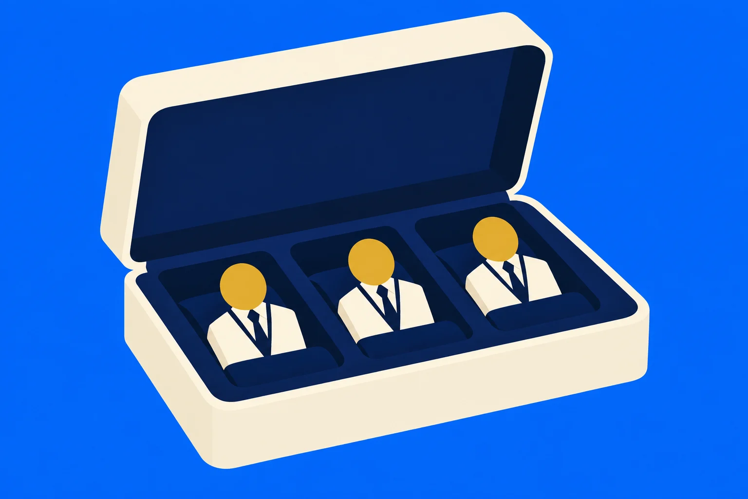 An open cream-colored case holds three stylized figures in white suits with gold circular heads against a bright blue background.