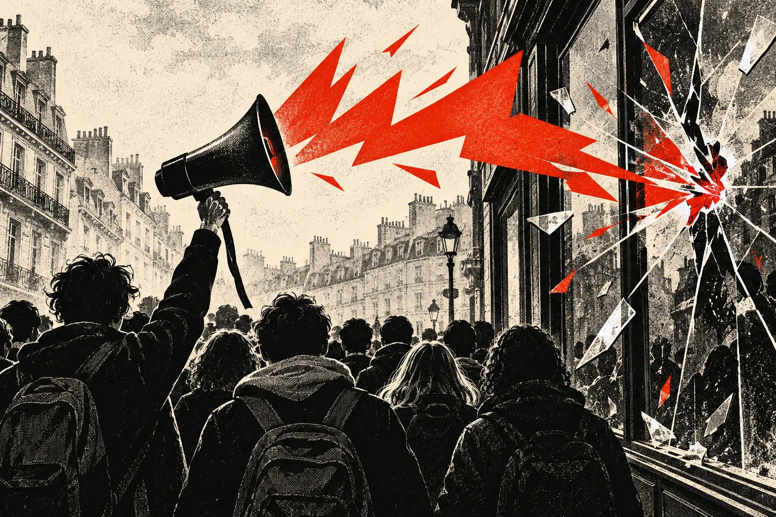 A crowd marches along a city street as a raised megaphone emits jagged red sound waves toward a shattered storefront window.