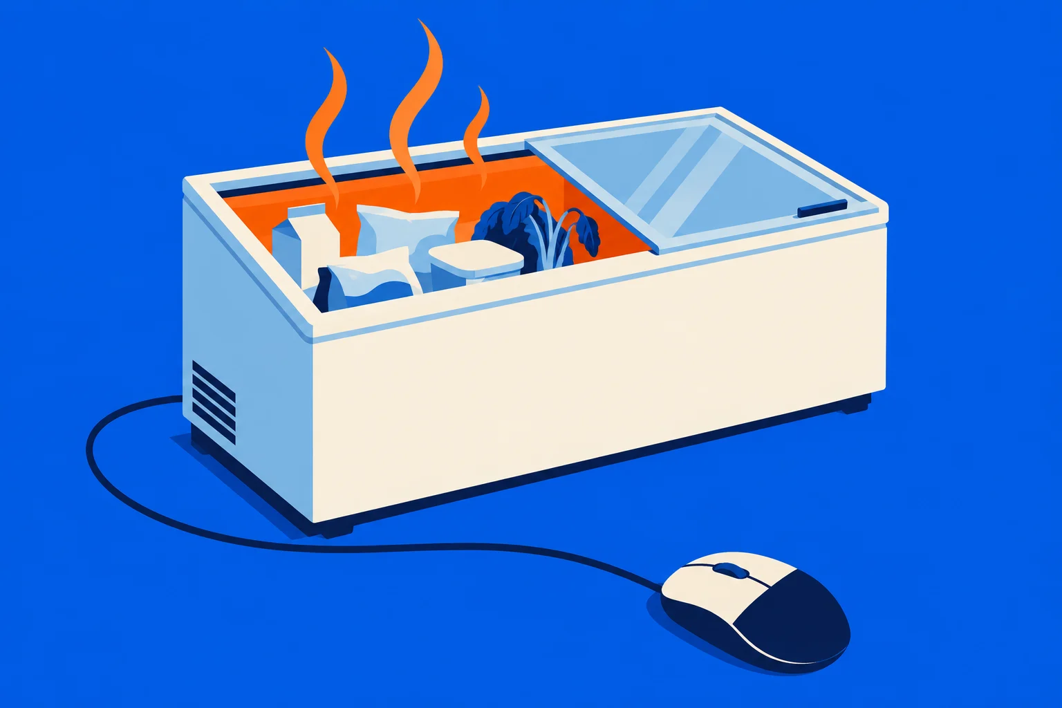 An open chest freezer containing food glows orange and emits heat waves, with a sliding glass lid and a cord connected to a computer mouse.