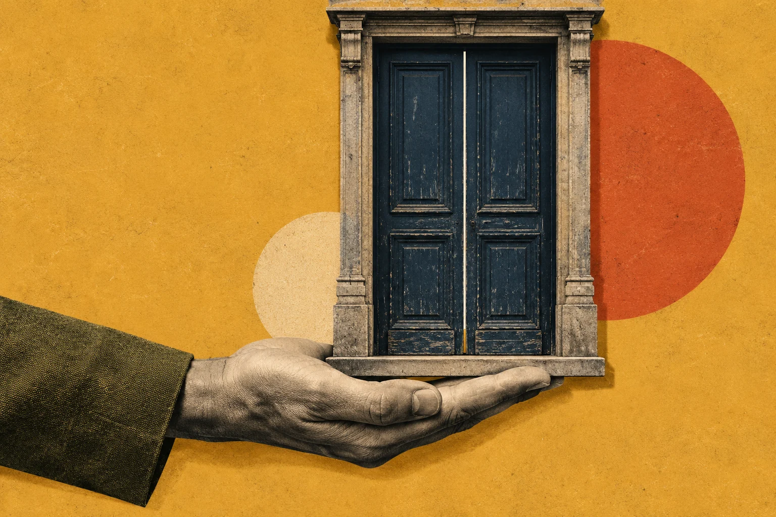 An outstretched hand holds a miniature weathered double door with an ornate stone frame against a textured yellow background with orange and cream circles.