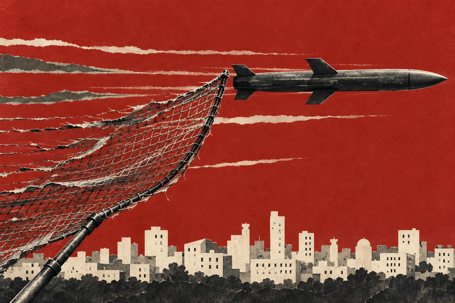 A missile flies over a city against a textured red sky, escaping a large torn net raised diagonally from the foreground.