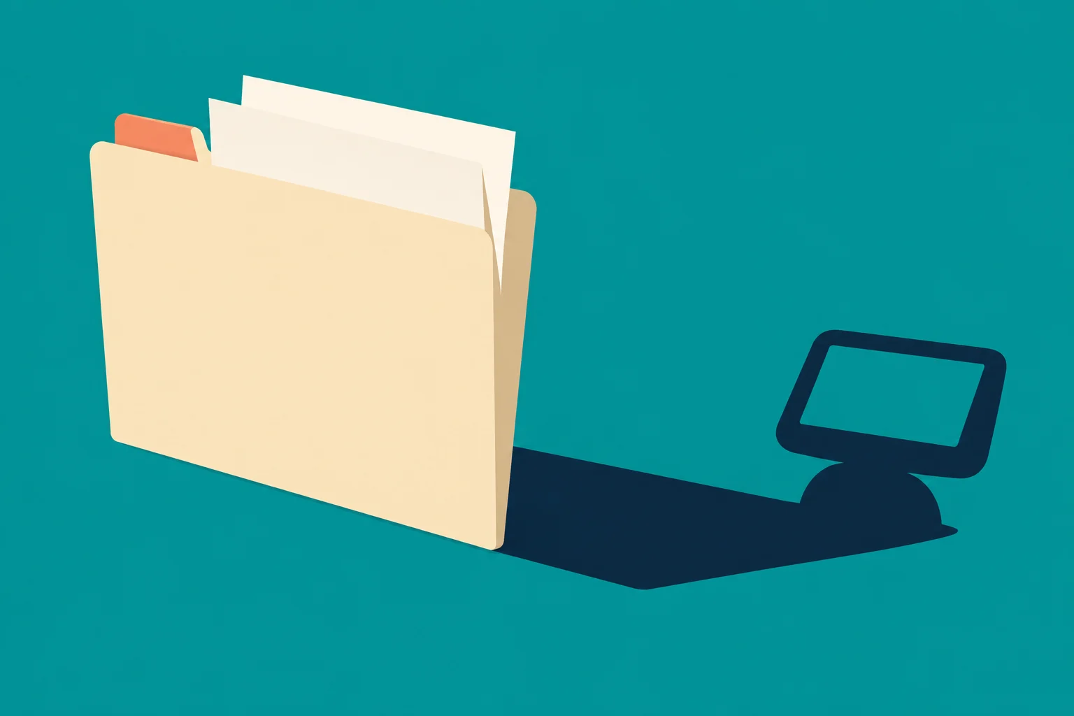 A cream folder holding papers casts a dark shadow shaped like a computer monitor against a teal background.