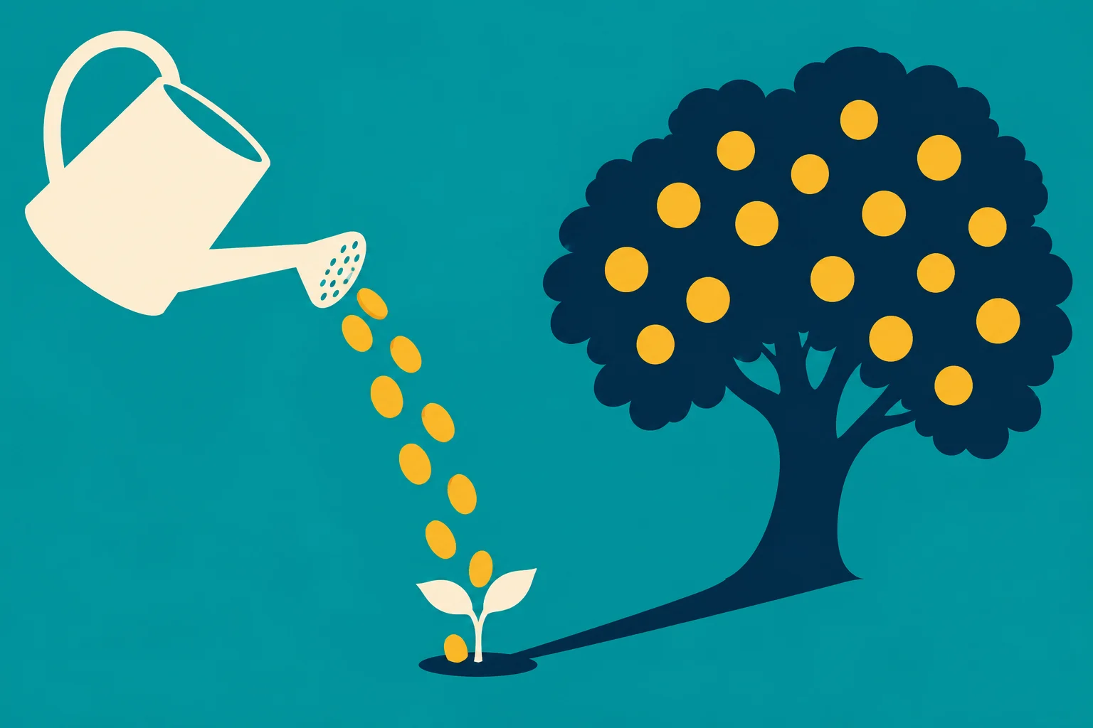 A cream watering can pours gold coins onto a small sprout, whose shadow forms a large dark tree bearing gold coins against a teal background.