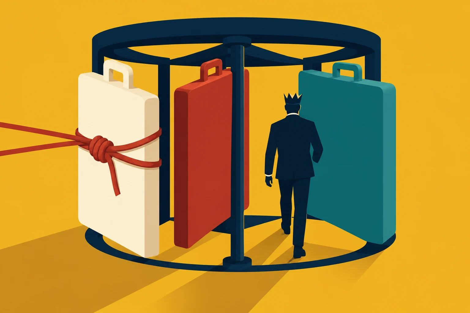 A crowned man walks through a revolving door made of oversized briefcases, with the white briefcase tied shut by red rope against a yellow background.