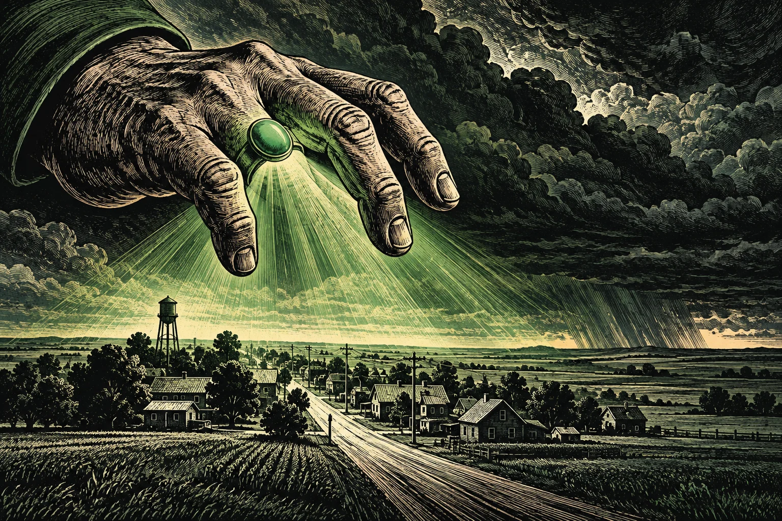 A giant hand wearing a glowing green ring casts rays over a rural town beneath dark storm clouds in a vintage engraving style.