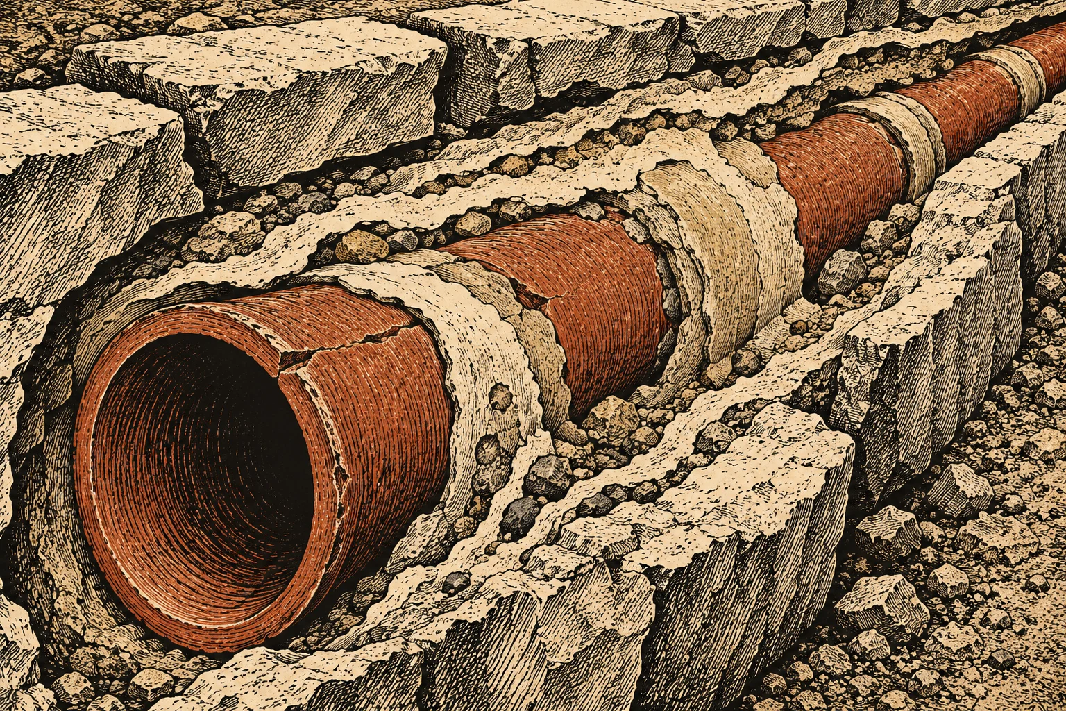 A cracked terracotta pipe lies exposed in a rubble-filled trench, surrounded by rough stone blocks in a vintage engraving style.