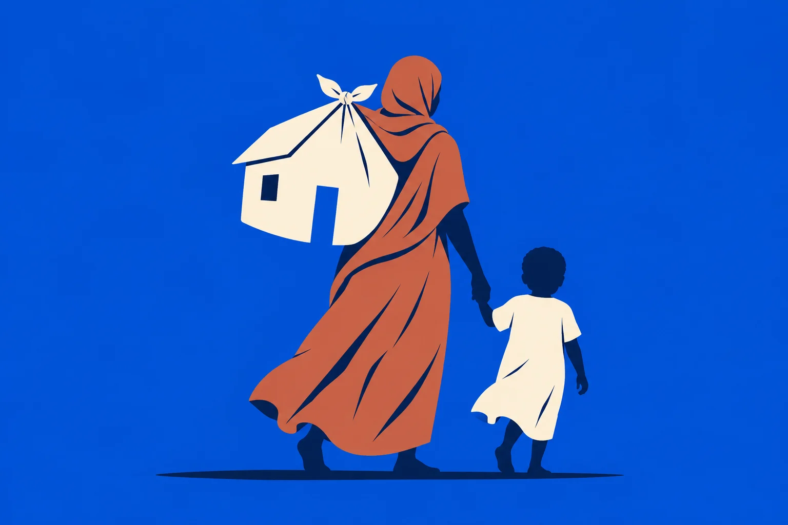 A woman in an orange robe carries a house-shaped bundle over her shoulder while holding a child’s hand against a blue background.