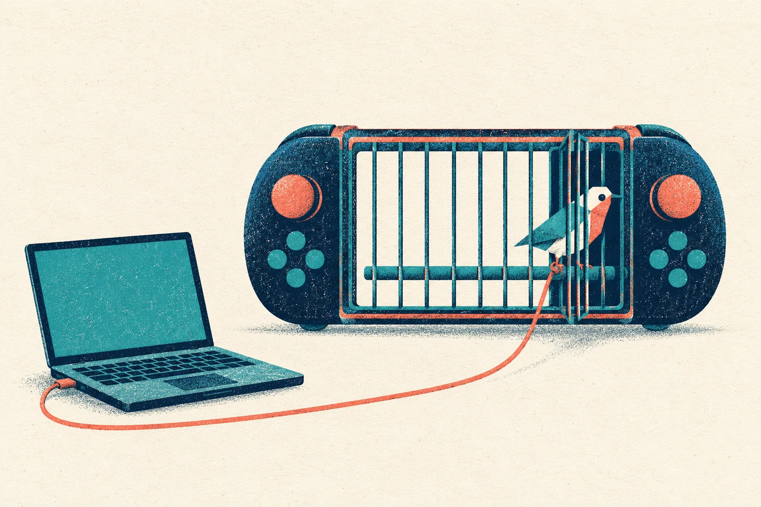 A laptop connects by a red cable to a handheld game console shaped like a birdcage, with a colorful bird perched inside its open door.