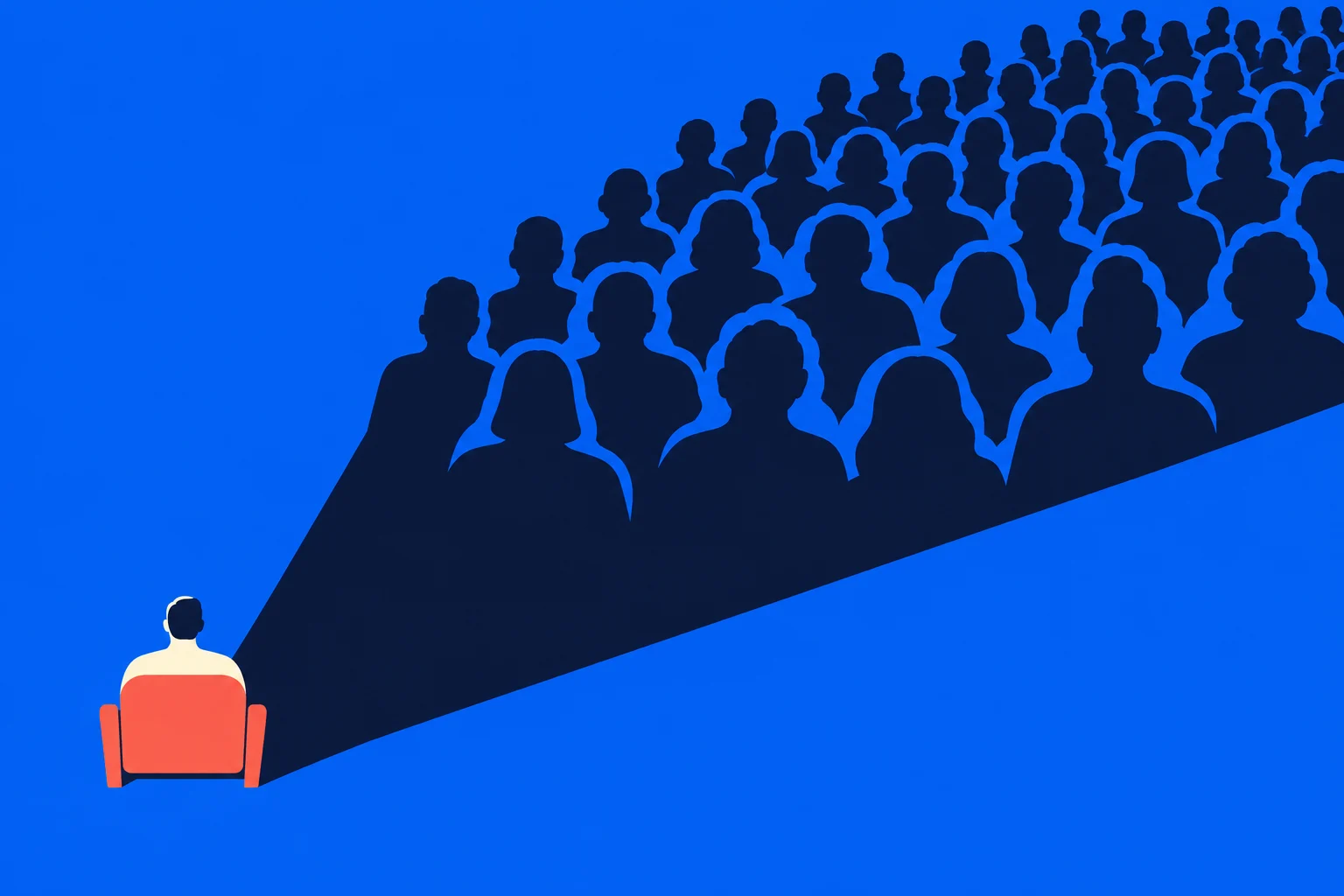 A person in a red chair faces a large crowd of dark silhouettes arranged within a widening triangular shadow against a bright blue background.