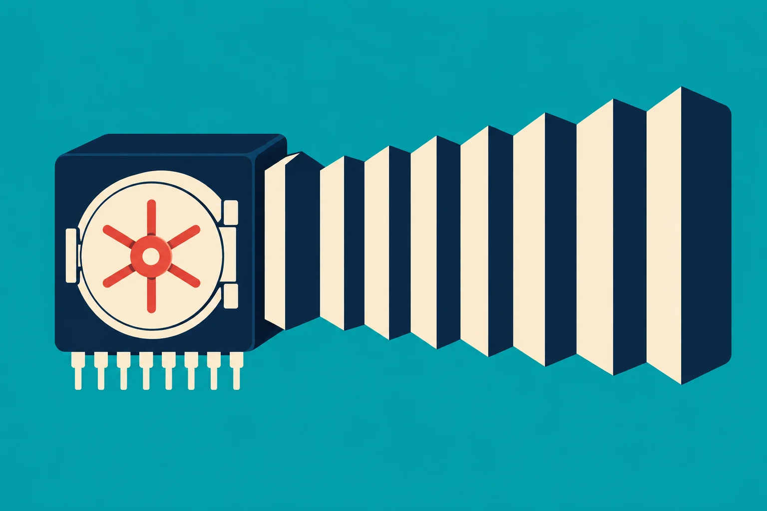 A stylized navy vault with a cream door and red handle extends into expanding accordion folds against a teal background.