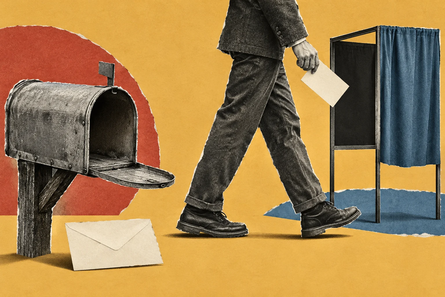 A vintage collage shows a person holding a ballot walking toward a blue-curtained voting booth, beside an open mailbox and an envelope on a yellow background.