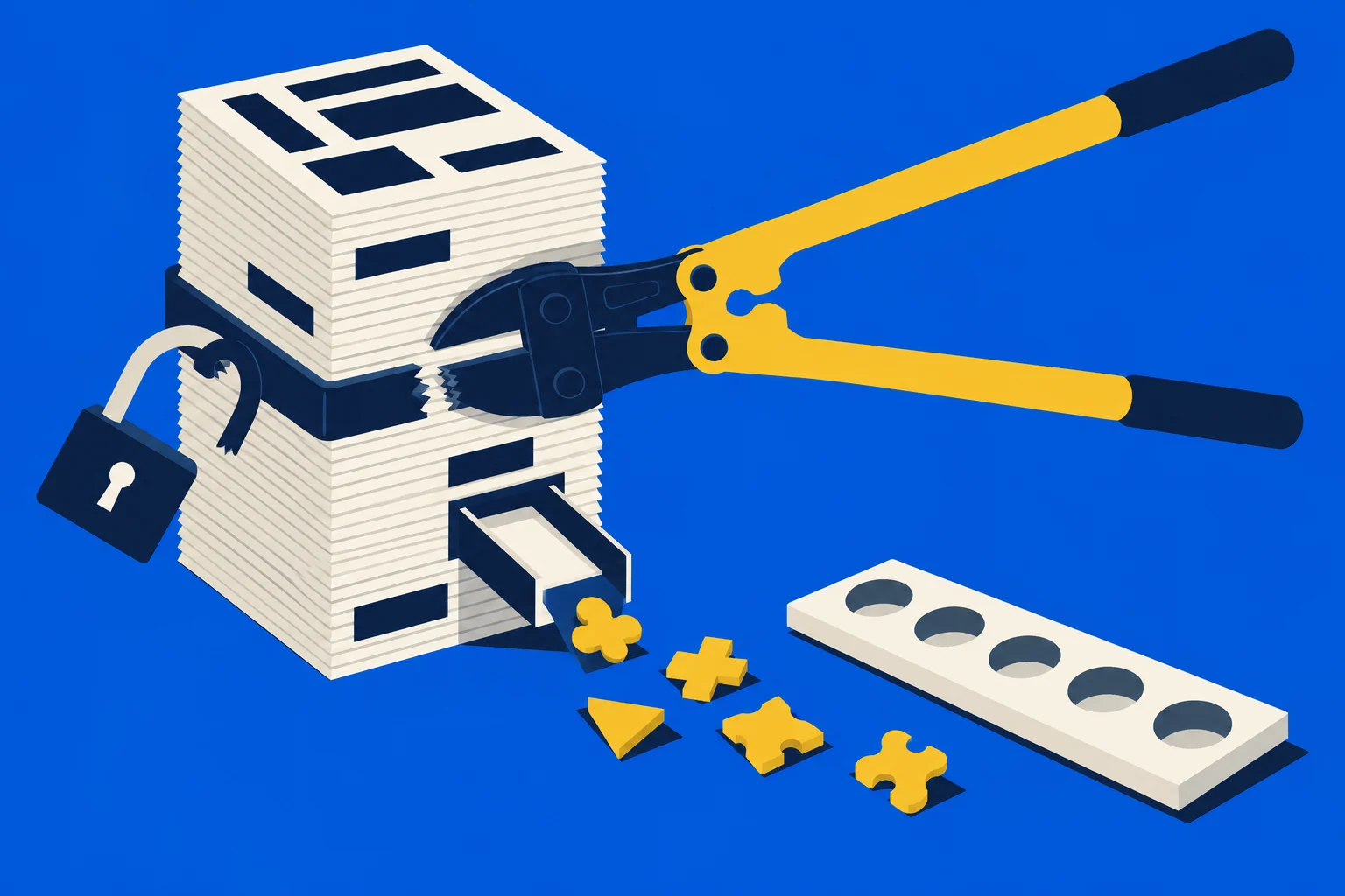 Yellow bolt cutters cut a band around a stack of papers beside an open padlock, scattered yellow shapes, and a tray with circular holes.