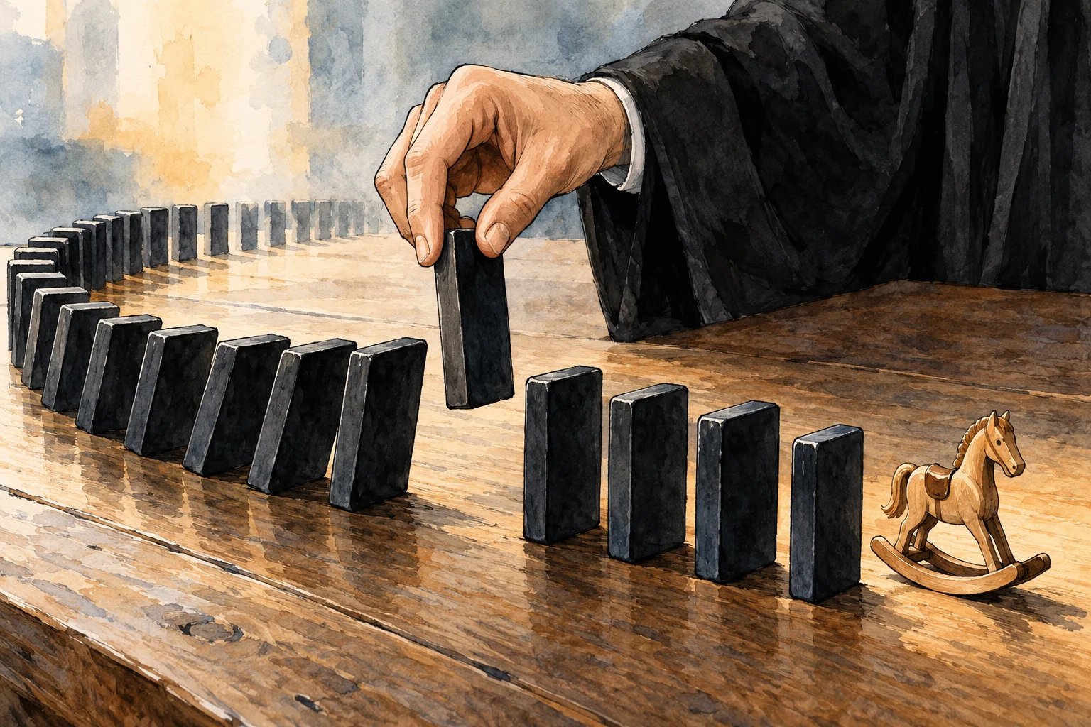 A hand in a black sleeve lifts a domino from a curved row on a wooden table near a small wooden rocking horse.