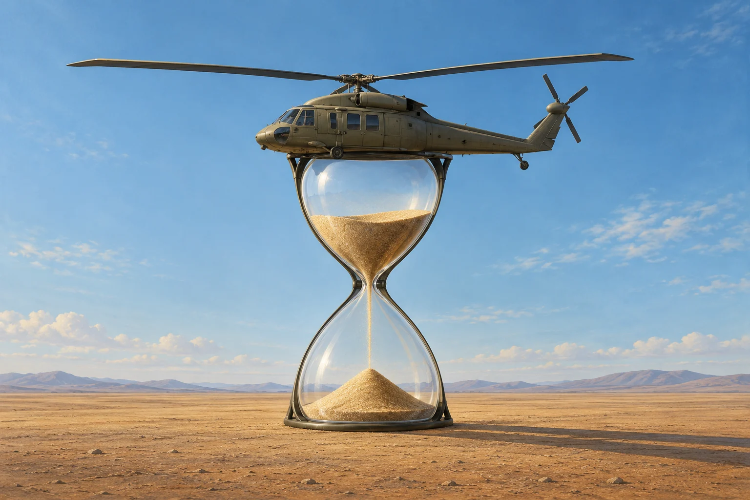 A military helicopter sits atop a giant glass hourglass with sand flowing inside, standing in a sunlit desert beneath a blue sky.