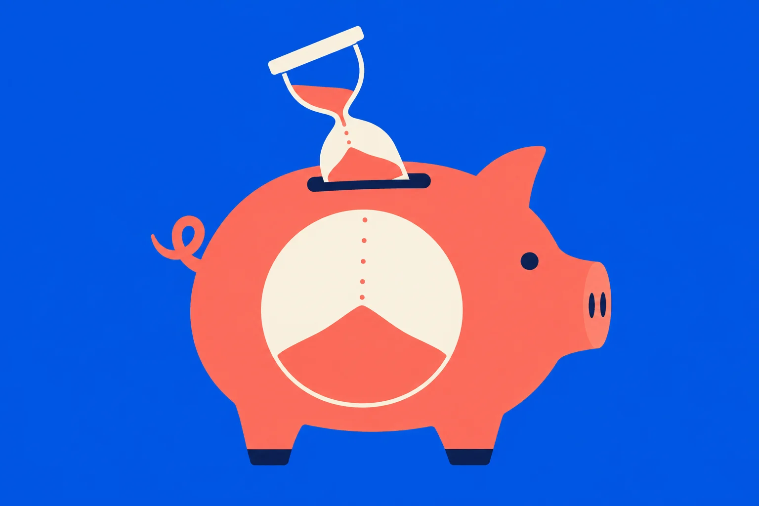 A coral piggy bank with a sand-filled circular window holds an hourglass in its coin slot against a bright blue background.
